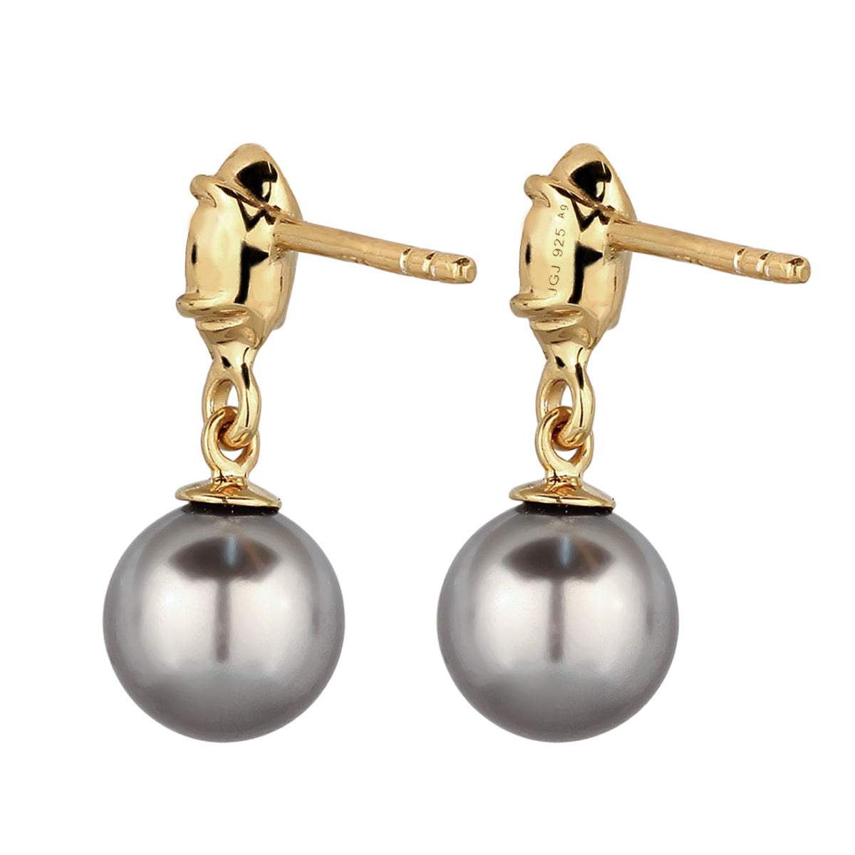 Gold - Elli | Ohrstecker | Synthetische Perle (Grau) & Glas Kristalle (Schwarz) | 925 Sterling Silber vergoldet