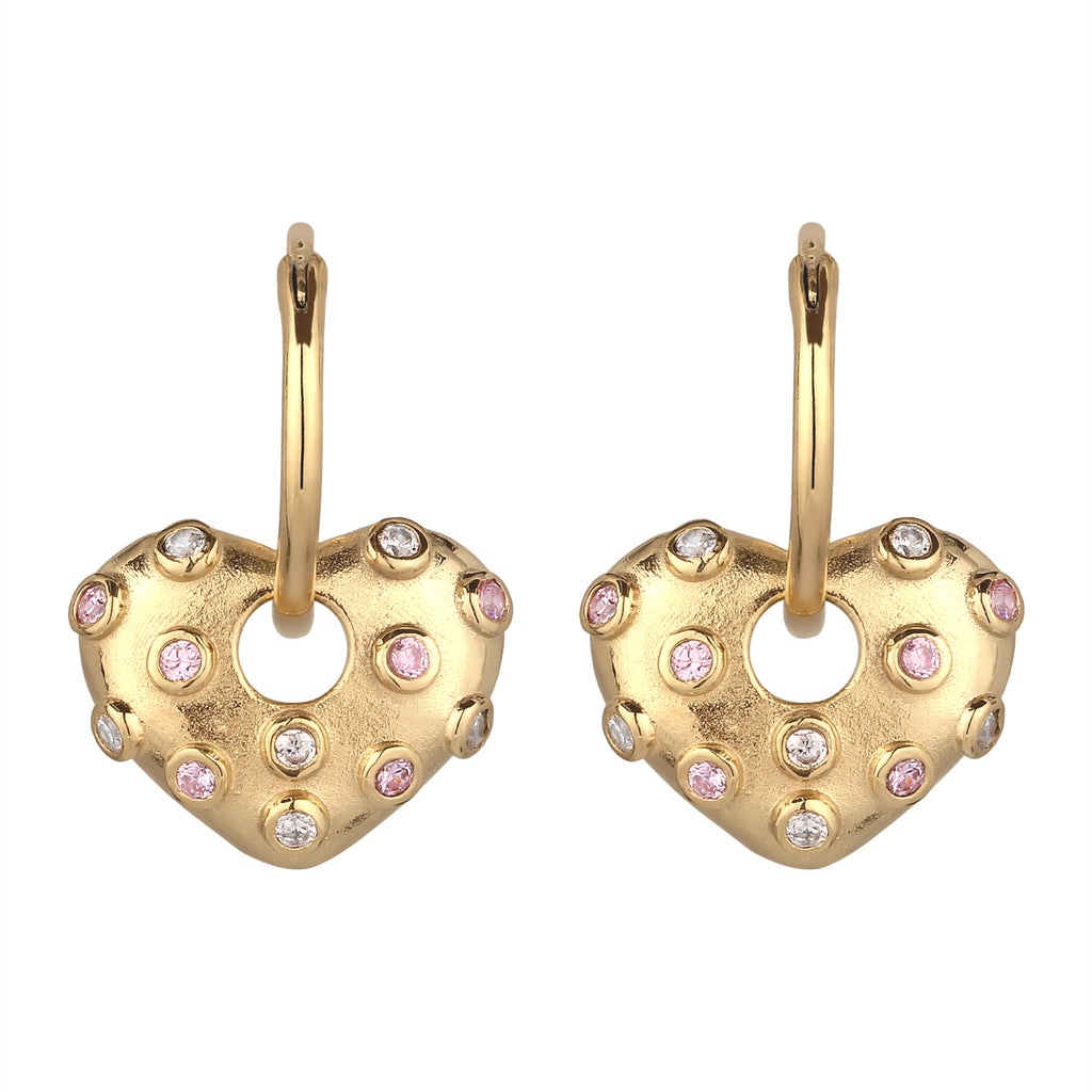 Gold - Elli | Creolen Herz | Zirkonia (Rosa) & Zirkonia (Weiß) | 925 Sterling Silber vergoldet