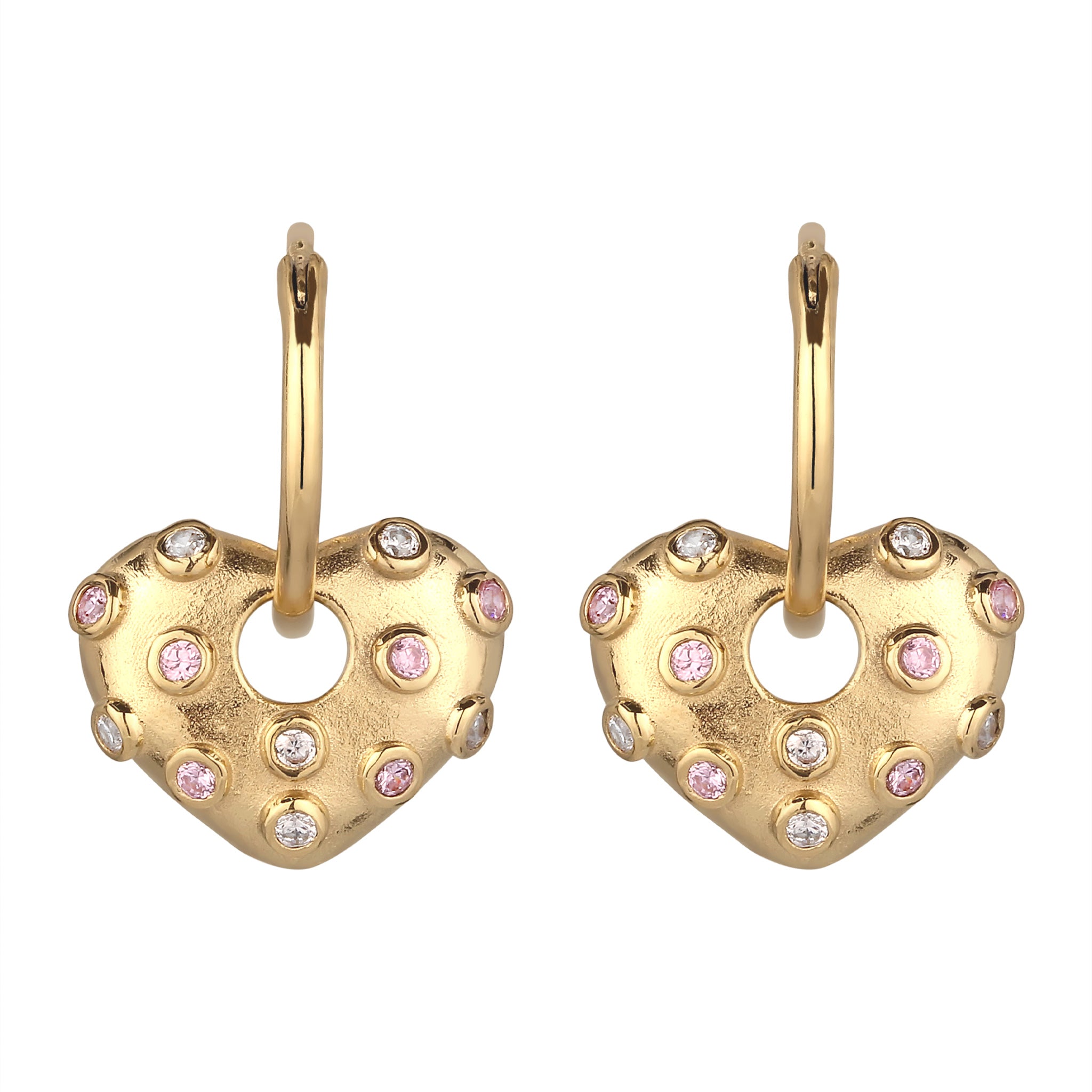 Gold - Elli | Creolen Herz | Zirkonia (Rosa) & Zirkonia (Weiß) | 925 Sterling Silber vergoldet