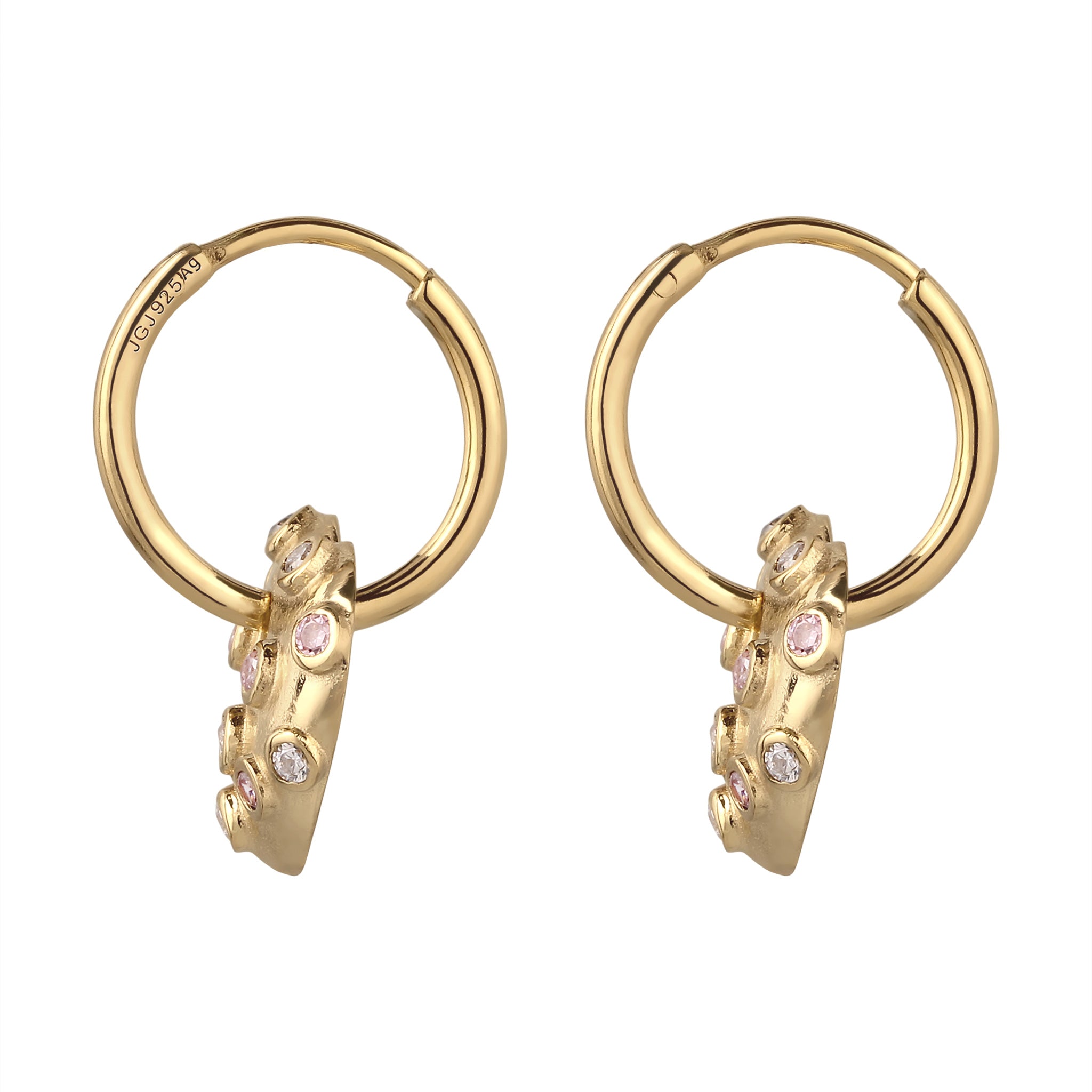 Gold - Elli | Creolen Herz | Zirkonia (Rosa) & Zirkonia (Weiß) | 925 Sterling Silber vergoldet