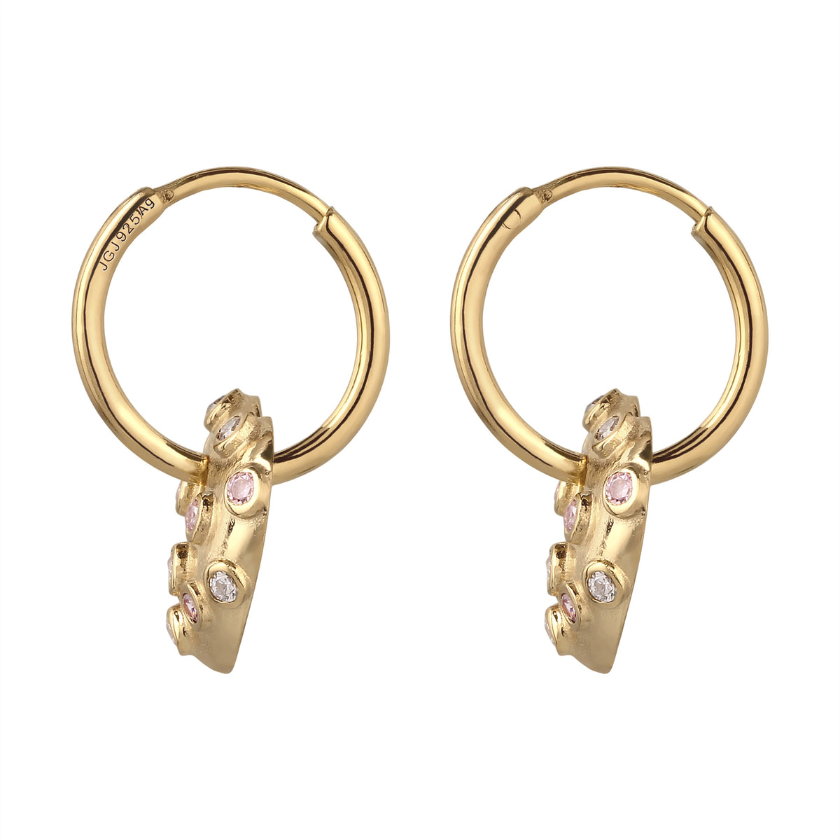 Gold - Elli | Creolen Herz | Zirkonia (Rosa) & Zirkonia (Weiß) | 925 Sterling Silber vergoldet
