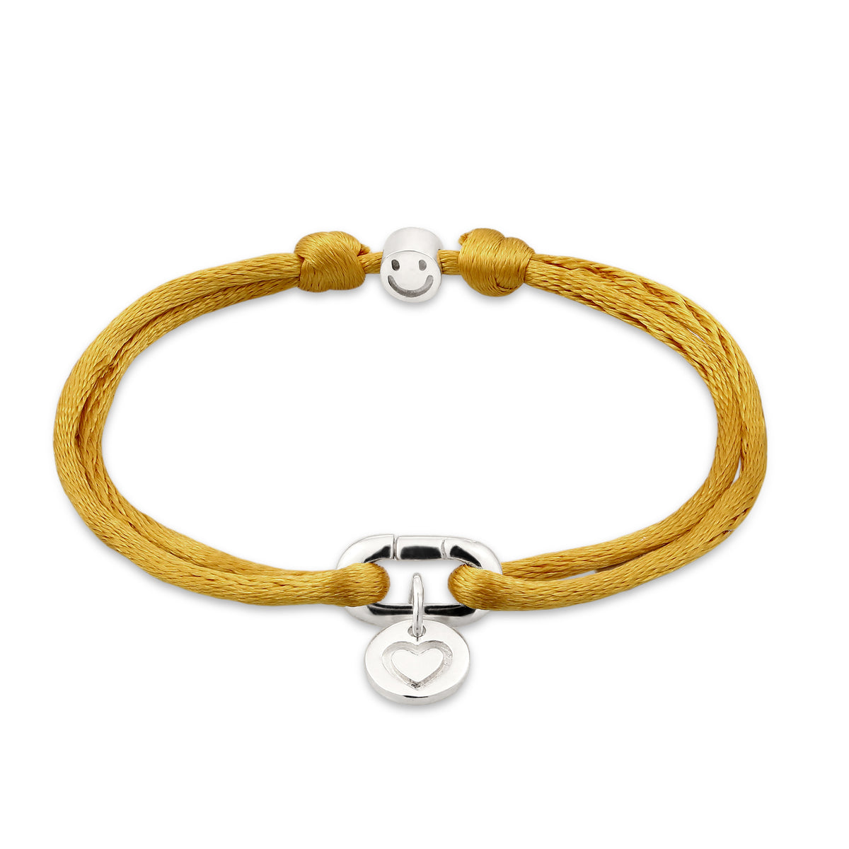 Gelb - Elli | Armband Herz & Smiling Face | Satin (Gelb) | 925 Sterling Silber