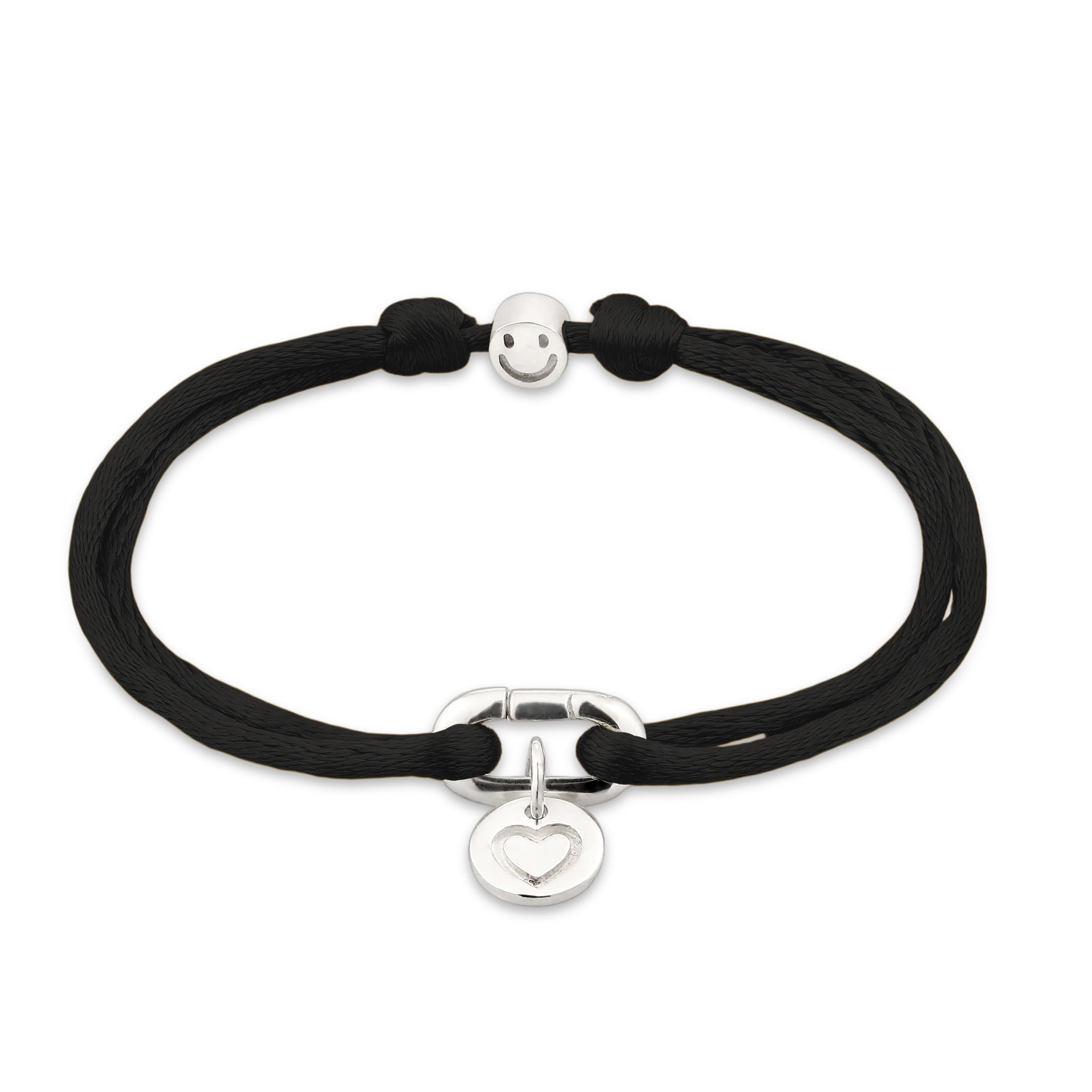 Schwarz - Elli | Armband Black Smiling Face Herz | Satinband | 925 Sterling Silber