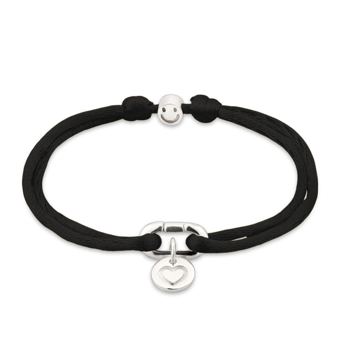 Schwarz - Elli | Armband Herz & Smiling Face | Satin (Rot) | 925 Sterling Silber vergoldet