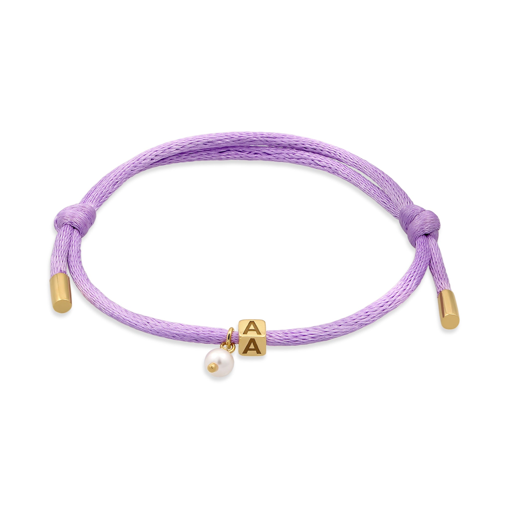 Lila - Elli | Armband Würfel Gravur | Swarovski® Perle & Satin (Lila) | 925 Sterling Silber vergoldet
