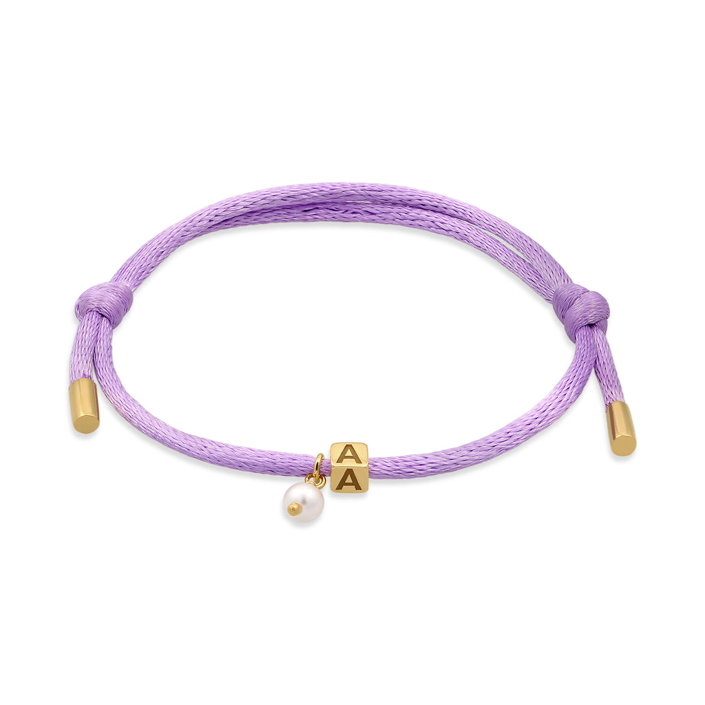 Lila - Elli | Armband Würfel Gravur | Swarovski® Perle & Satin (Lila) | 925 Sterling Silber vergoldet