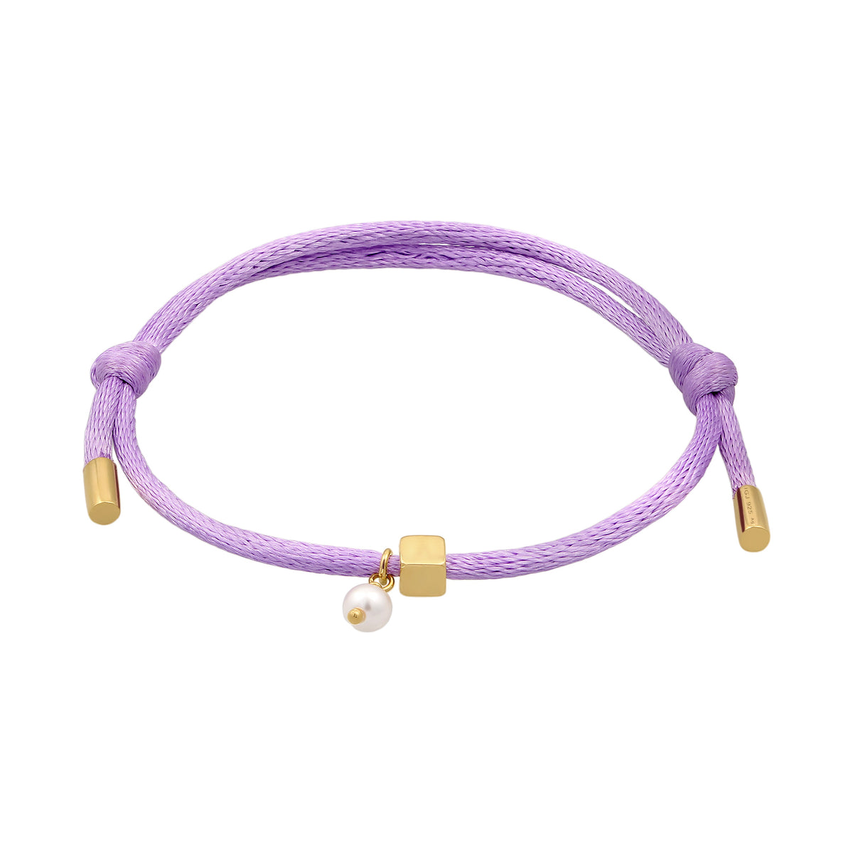 Lila - Elli | Armband Würfel Gravur | Swarovski® Perle & Satin (Lila) | 925 Sterling Silber vergoldet