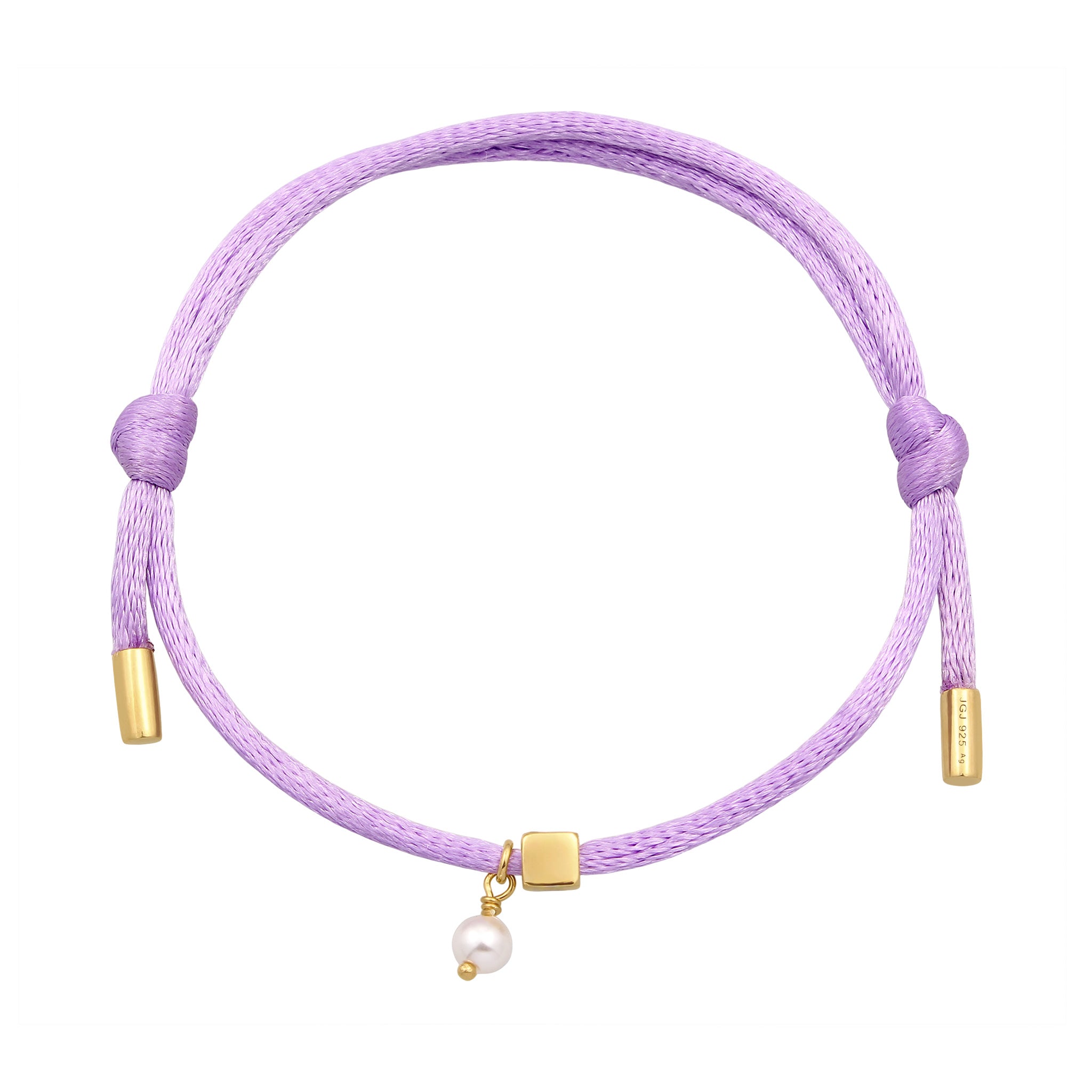 Lila - Elli | Armband Würfel Gravur | Swarovski® Perle & Satin (Lila) | 925 Sterling Silber vergoldet