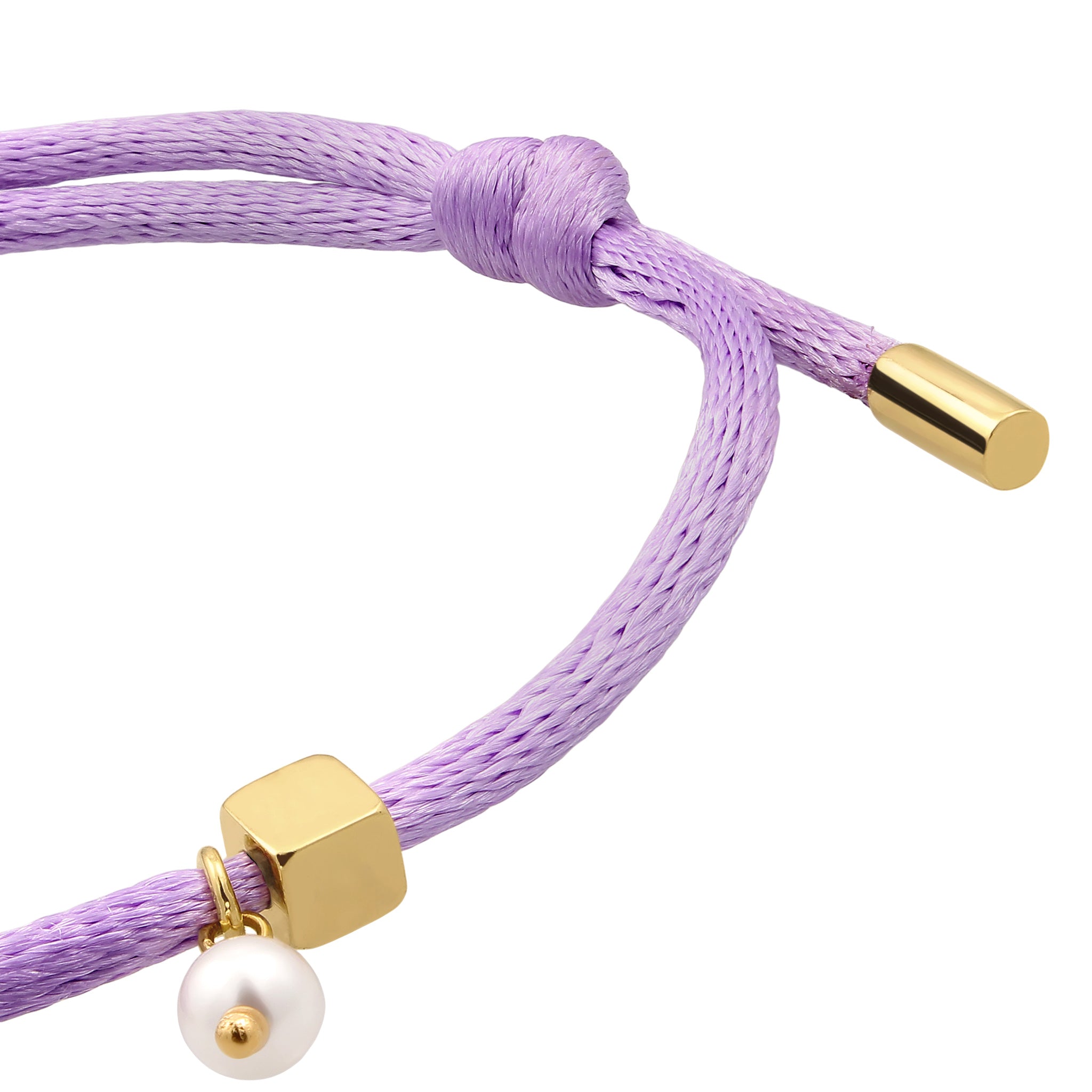 Lila - Elli | Armband Würfel Gravur | Swarovski® Perle & Satin (Lila) | 925 Sterling Silber vergoldet