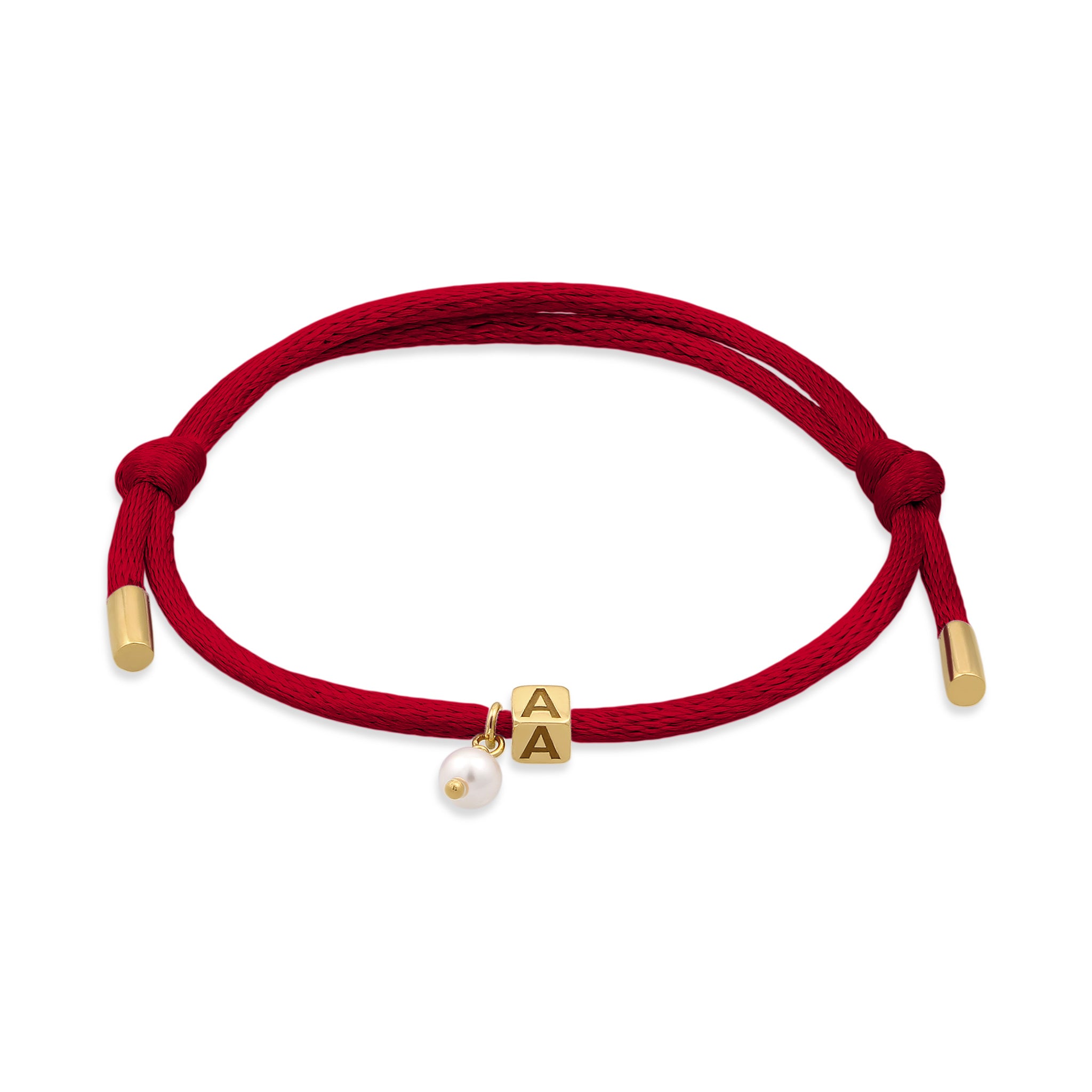 Rot - Elli | Armband Würfel Gravur | Swarovski® Perle & Satin (Rot) | 925 Sterling Silber vergoldet