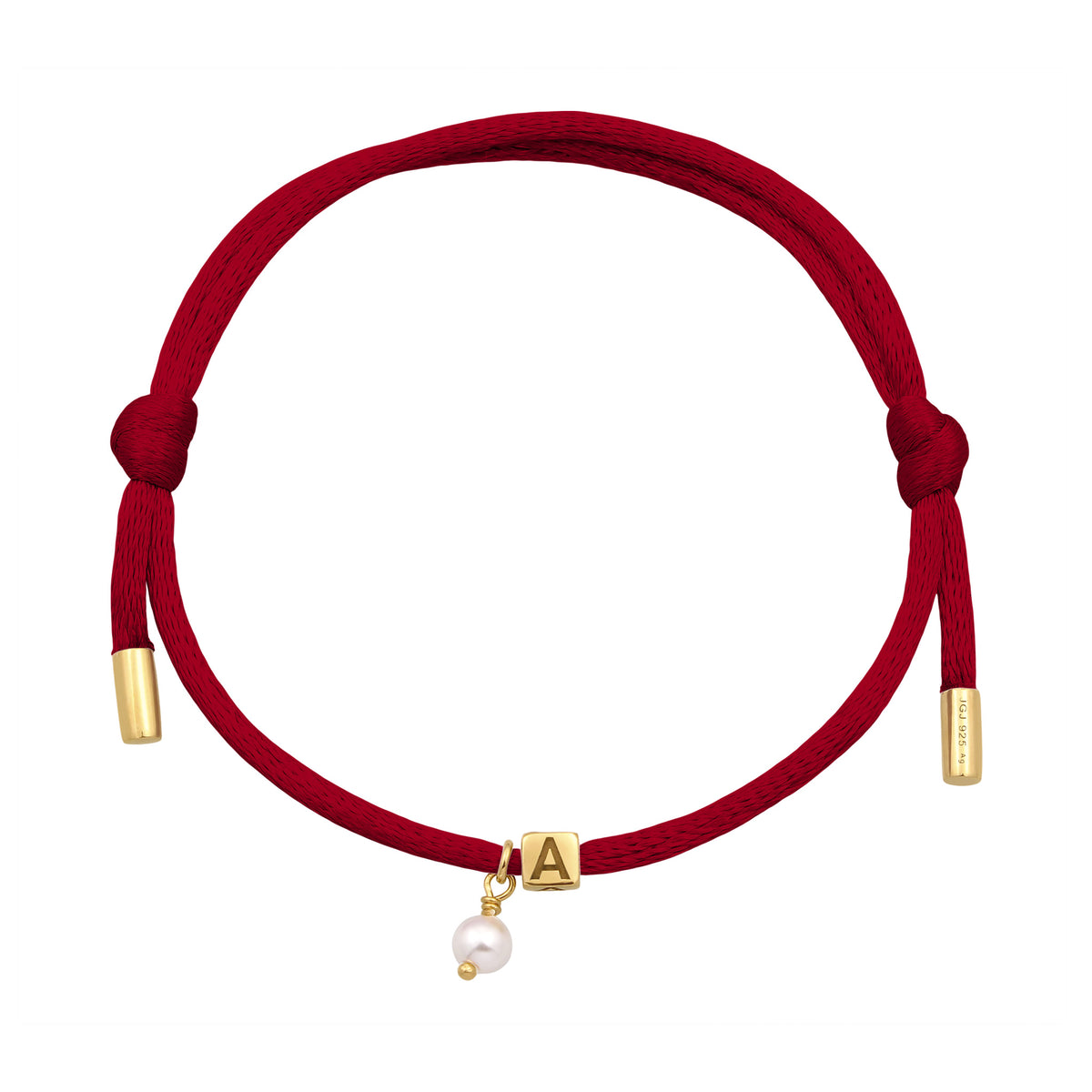 Rot - Elli | Armband Würfel Gravur | Swarovski® Perle & Satin (Rot) | 925 Sterling Silber vergoldet