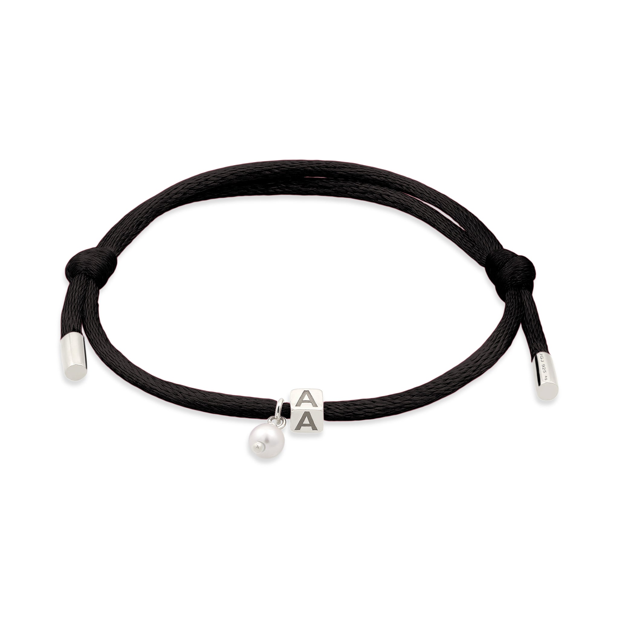 Schwarz - Elli | Armband Würfel Gravur | Swarovski® Perle & Satin (Schwarz) | 925 Sterling Silber