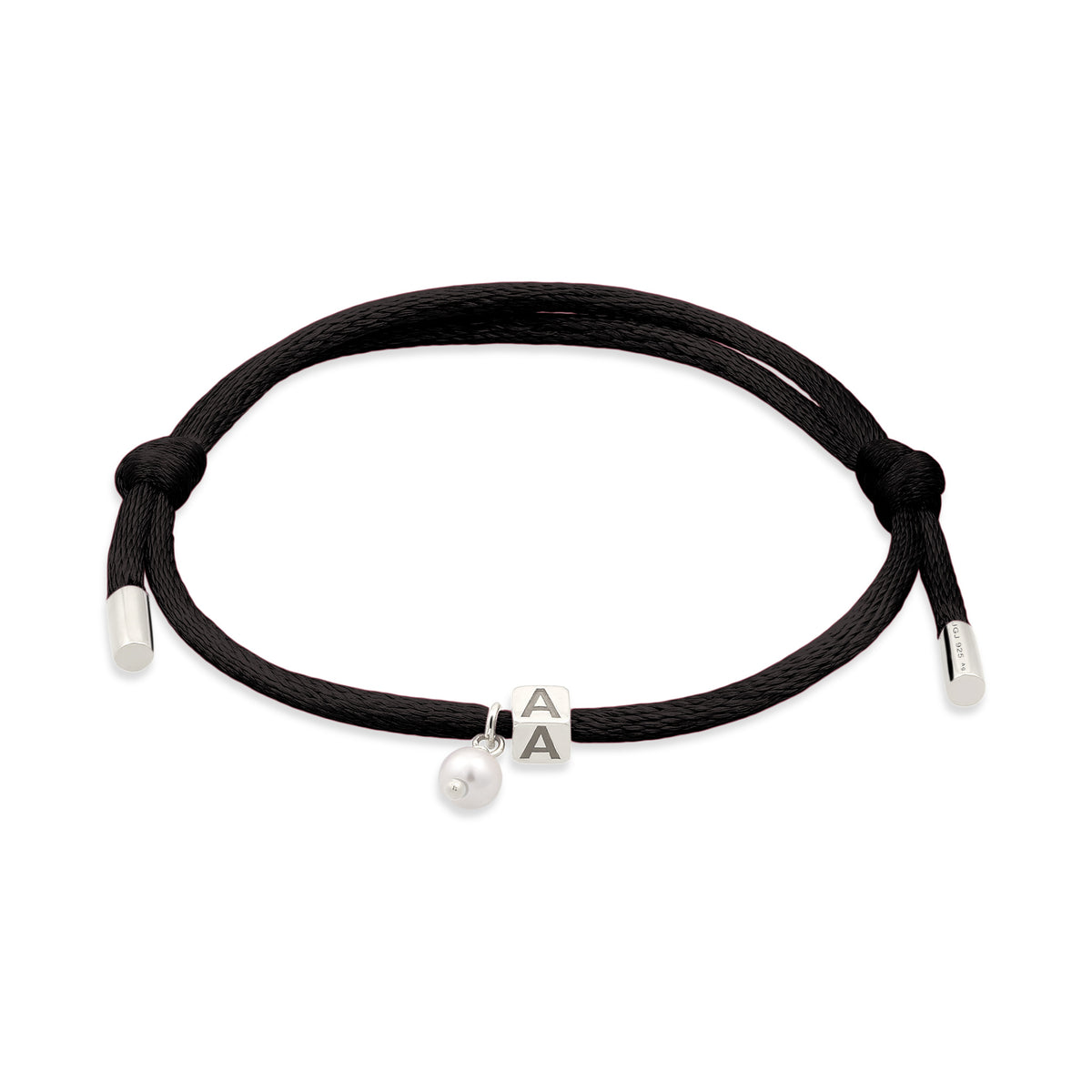 Schwarz - Elli | Armband Würfel Gravur | Swarovski® Perle & Satin (Schwarz) | 925 Sterling Silber