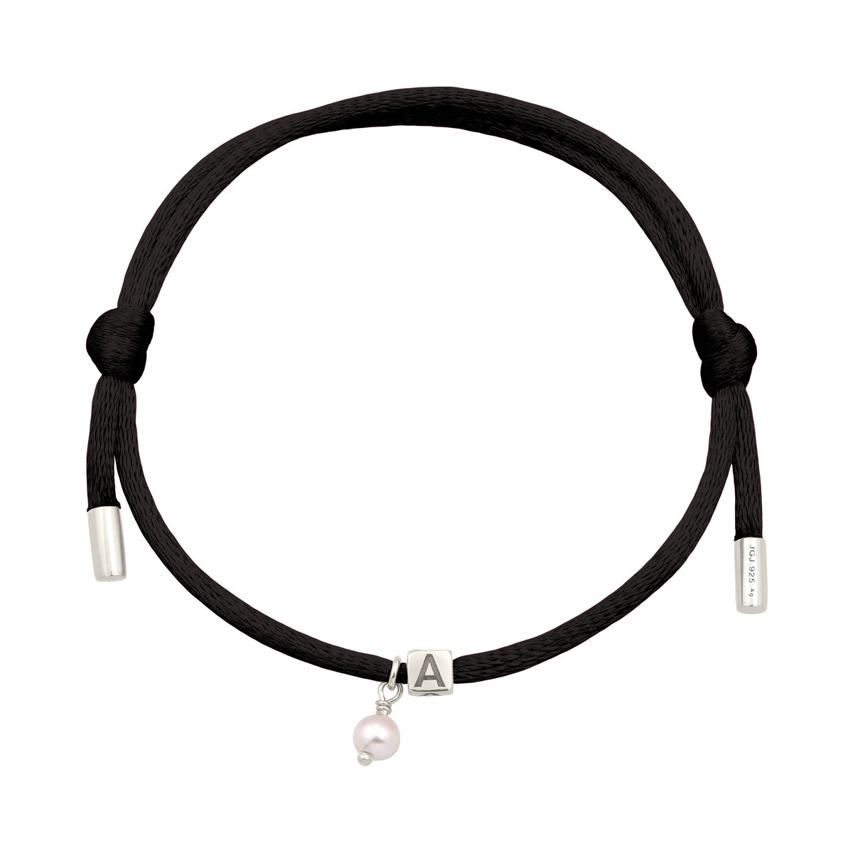 Schwarz - Elli | Armband Würfel Gravur | Swarovski® Perle & Satin (Schwarz) | 925 Sterling Silber