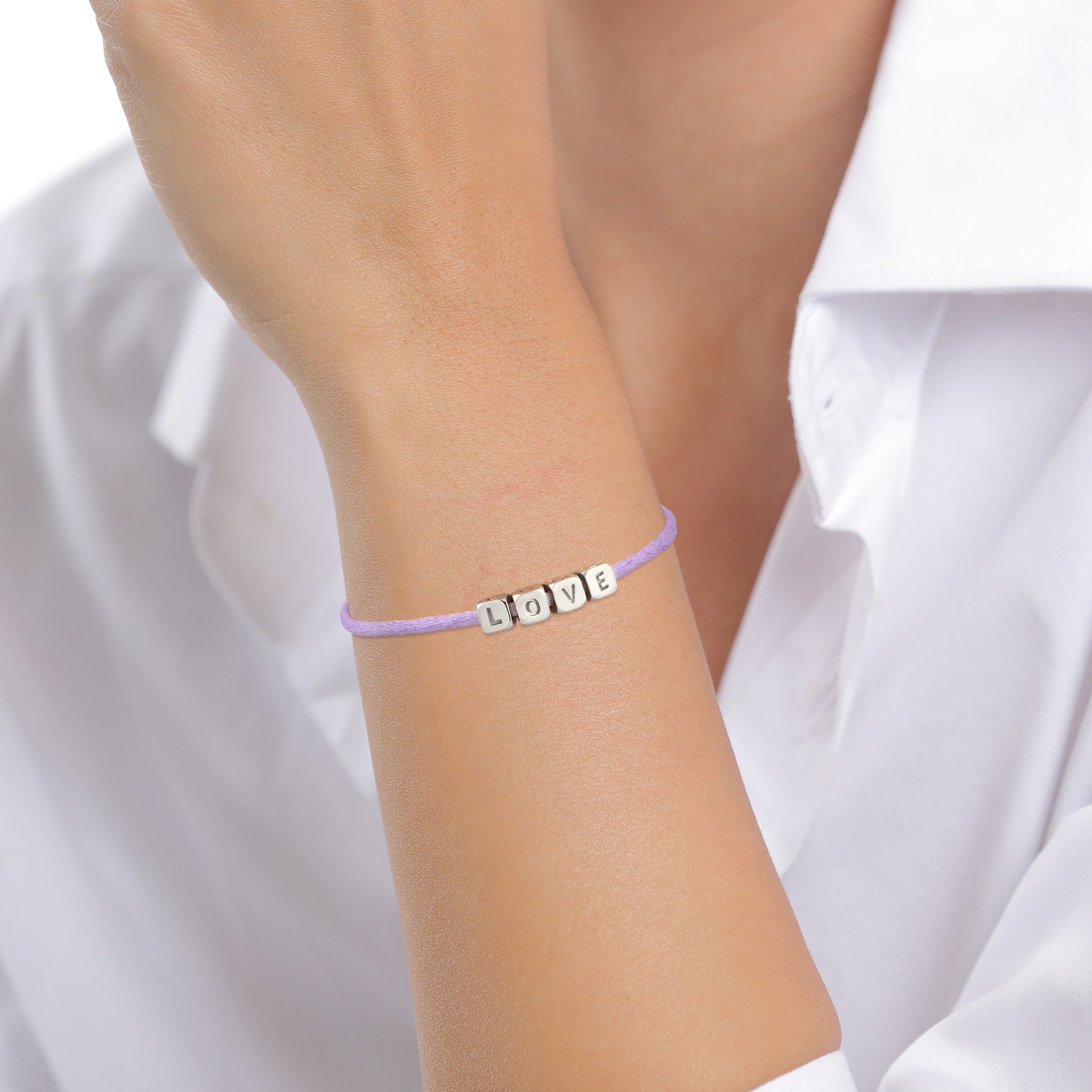 Silber - Elli | Armband Würfel LOVE | Satin (Lila) | 925 Sterling Silber