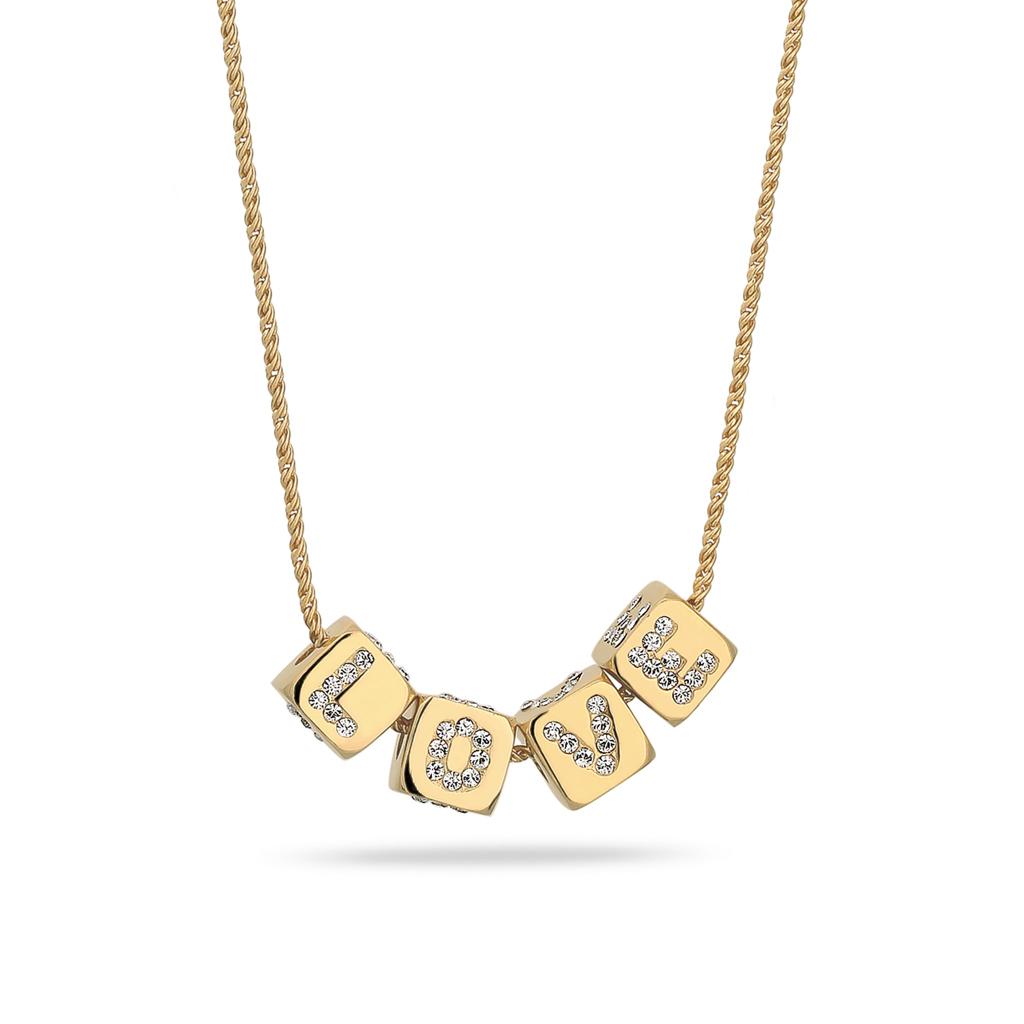 Gold - Elli | Halskette Würfel LOVE | Kristalle von Swarovski® (Weiß) | 925 Sterling Silber vergoldet