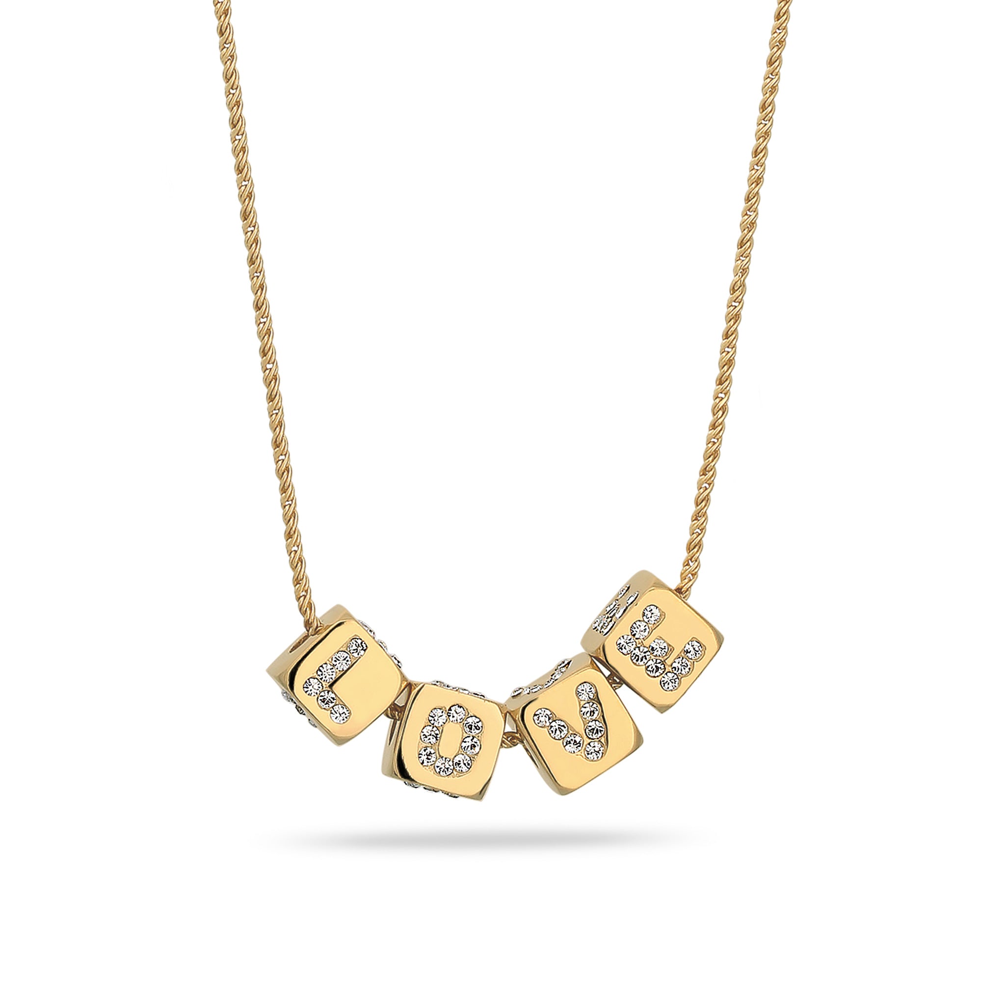 Gold - Elli | Halskette Würfel LOVE | Kristalle von Swarovski® (Weiß) | 925 Sterling Silber vergoldet