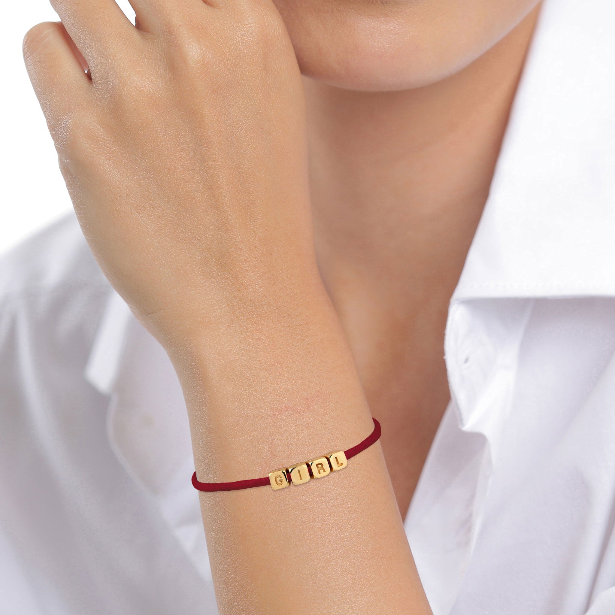 Rot - Elli | Armband Würfel GIRL | Satin (Rot) | 925 Sterling Silber vergoldet
