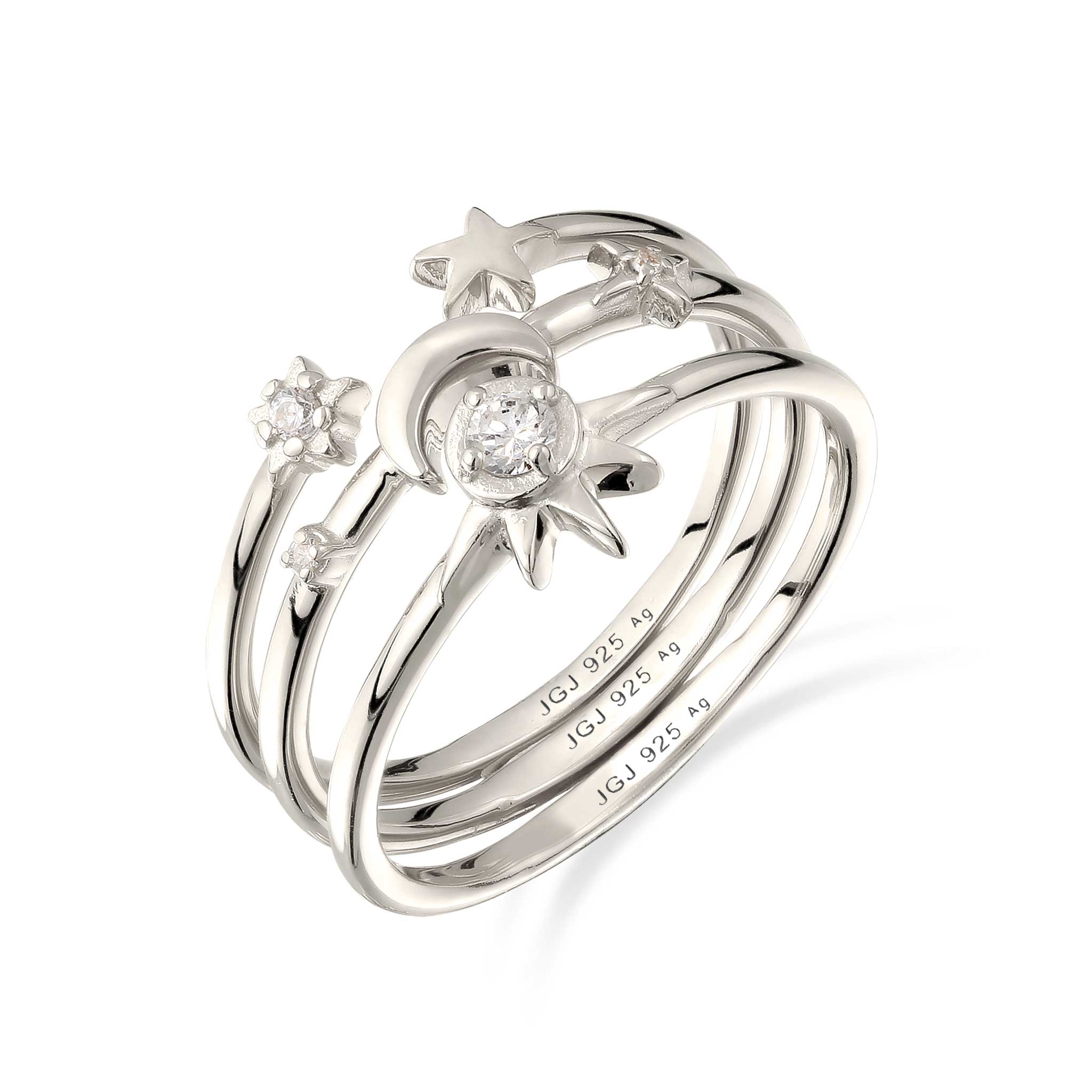Silber - Elli | Ringset mit Mond Sonne Stern | Zirkonia (Weiß) | 925 Sterling Silber