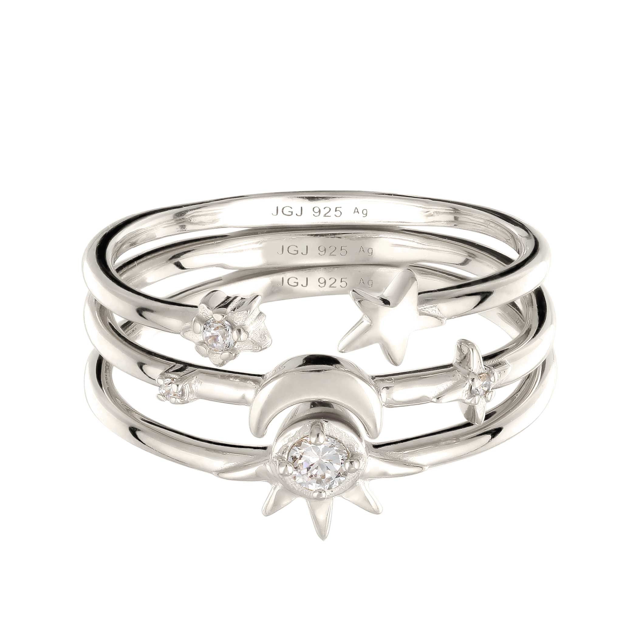 Silber - Elli | Ringset mit Mond Sonne Stern | Zirkonia (Weiß) | 925 Sterling Silber
