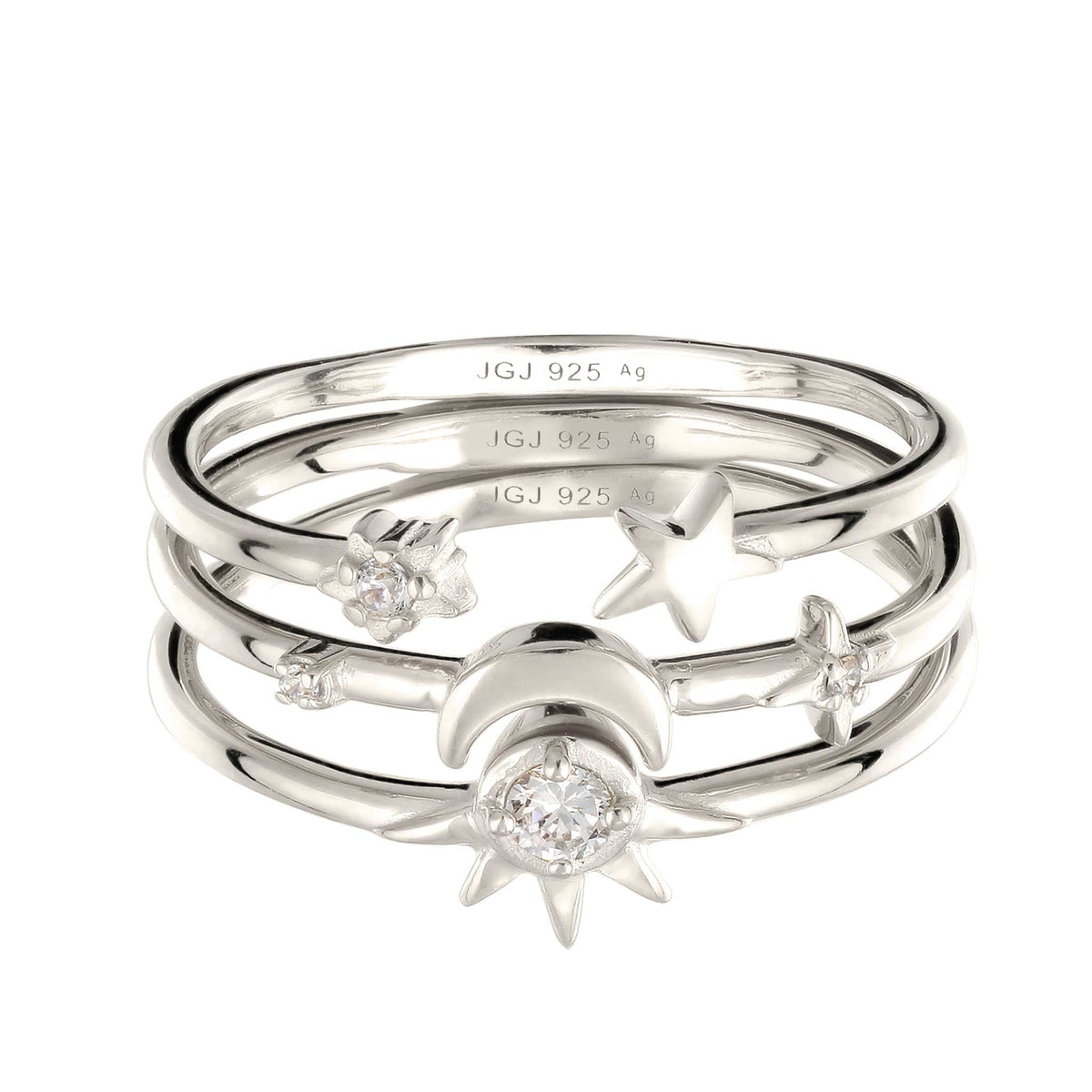 Silber - Elli | Ringset mit Mond Sonne Stern | Zirkonia (Weiß) | 925 Sterling Silber