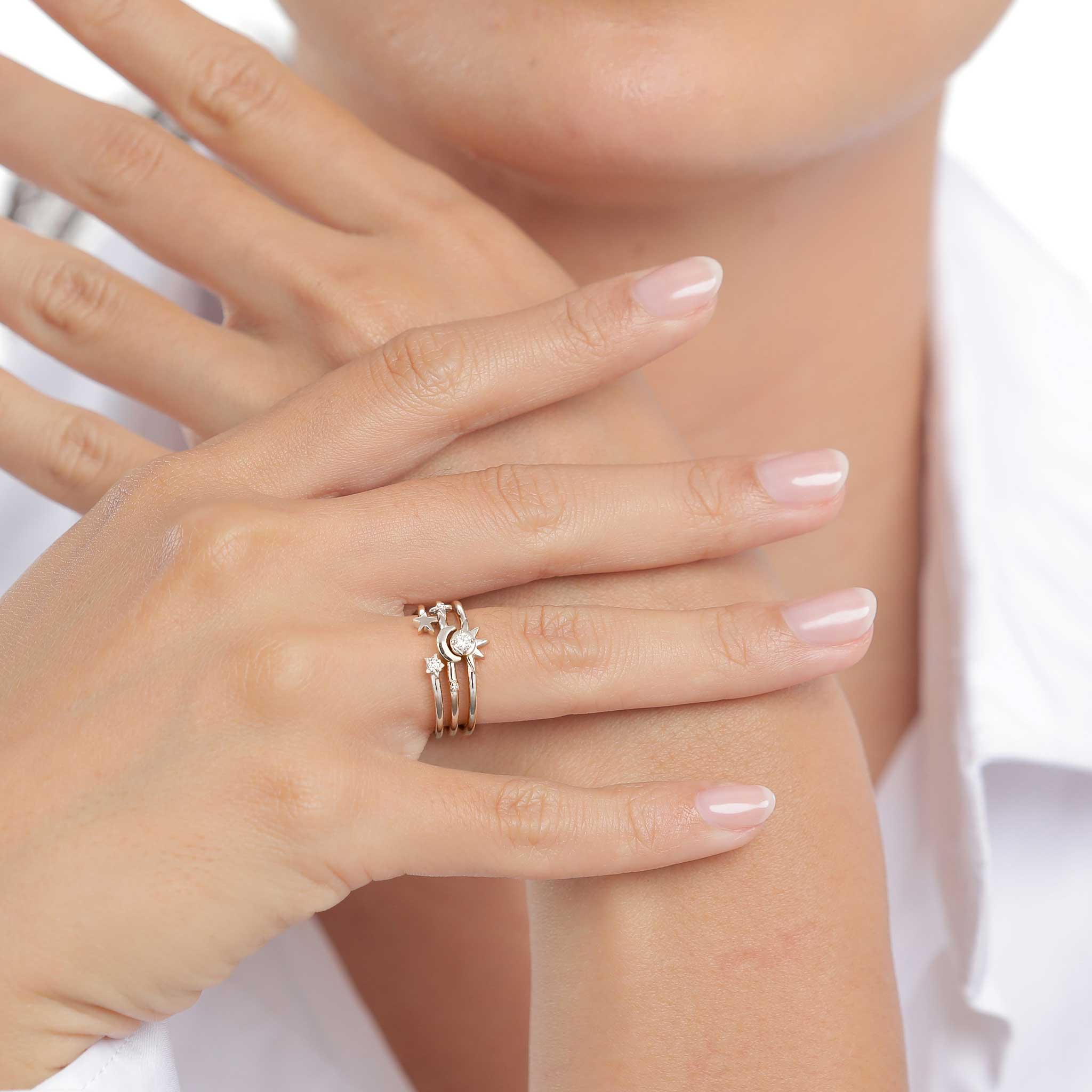 Silber - Elli | Ringset mit Mond Sonne Stern | Zirkonia (Weiß) | 925 Sterling Silber
