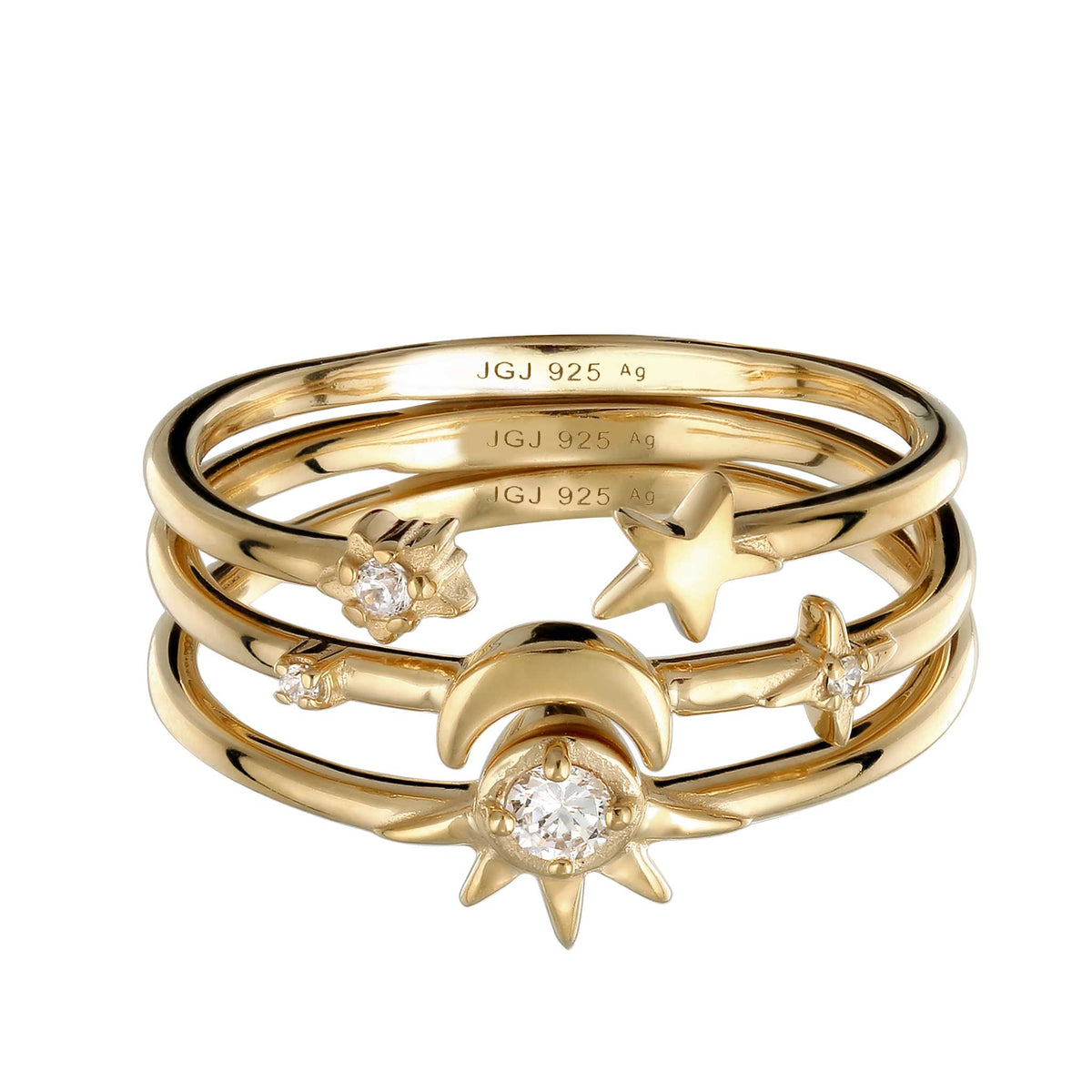 Gold - Elli | Set mit Sonne Mond Sterne | Zirkonia Weiß | 925 Sterling Silber vergoldet