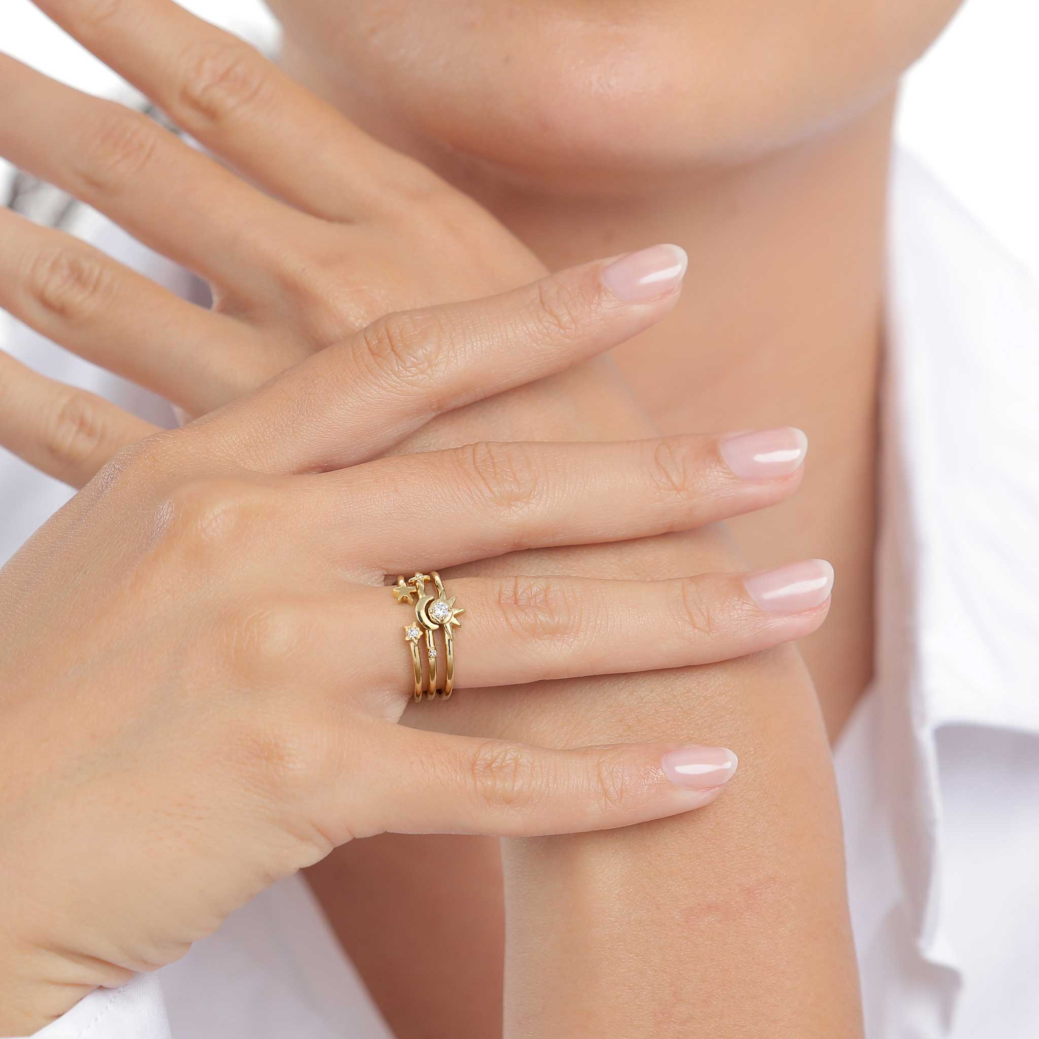 Gold - Elli | Set mit Sonne Mond Sterne | Zirkonia Weiß | 925 Sterling Silber vergoldet