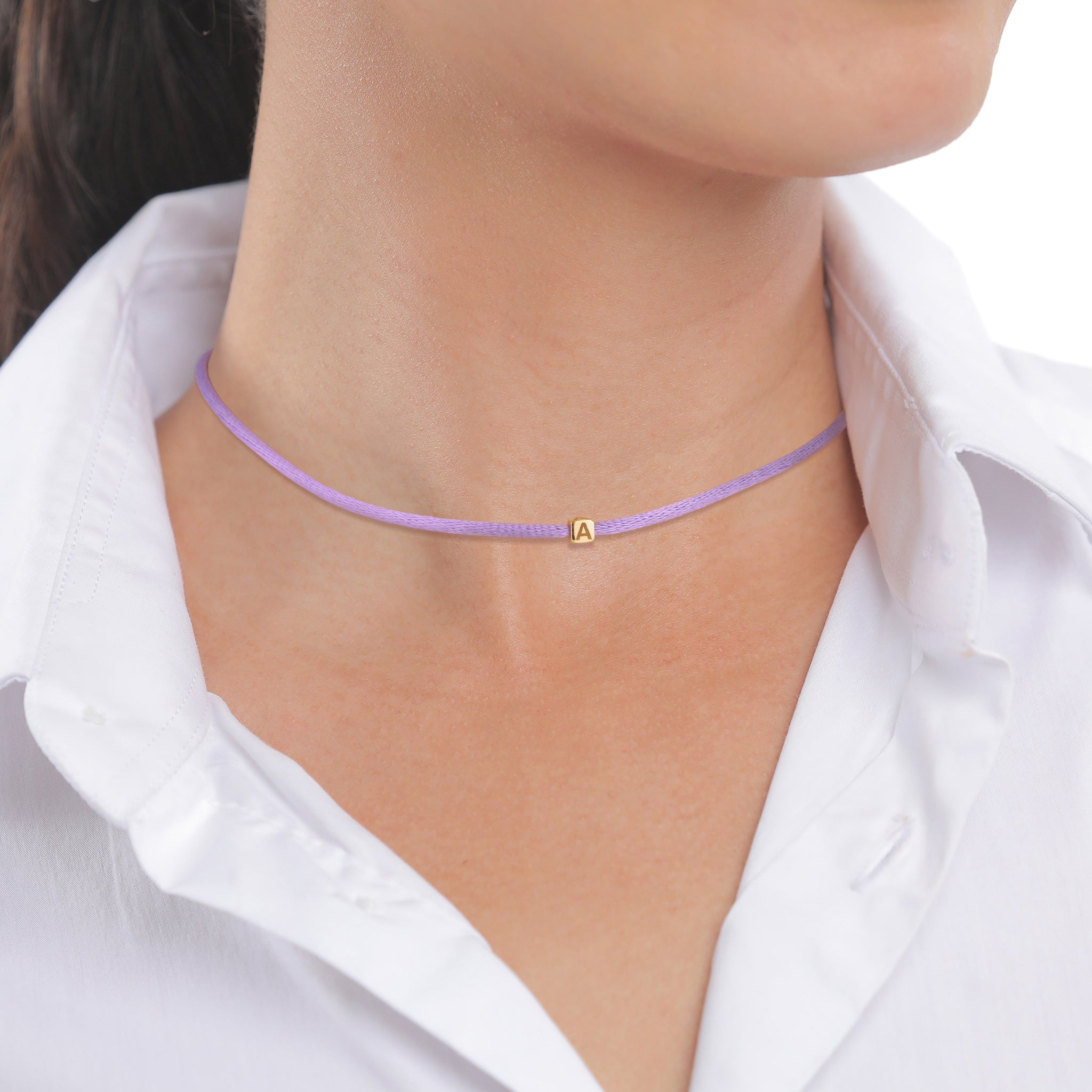 Lila - Elli | Choker Würfel Gravur | Satin (Lila) | 925 Sterling Silber vergoldet
