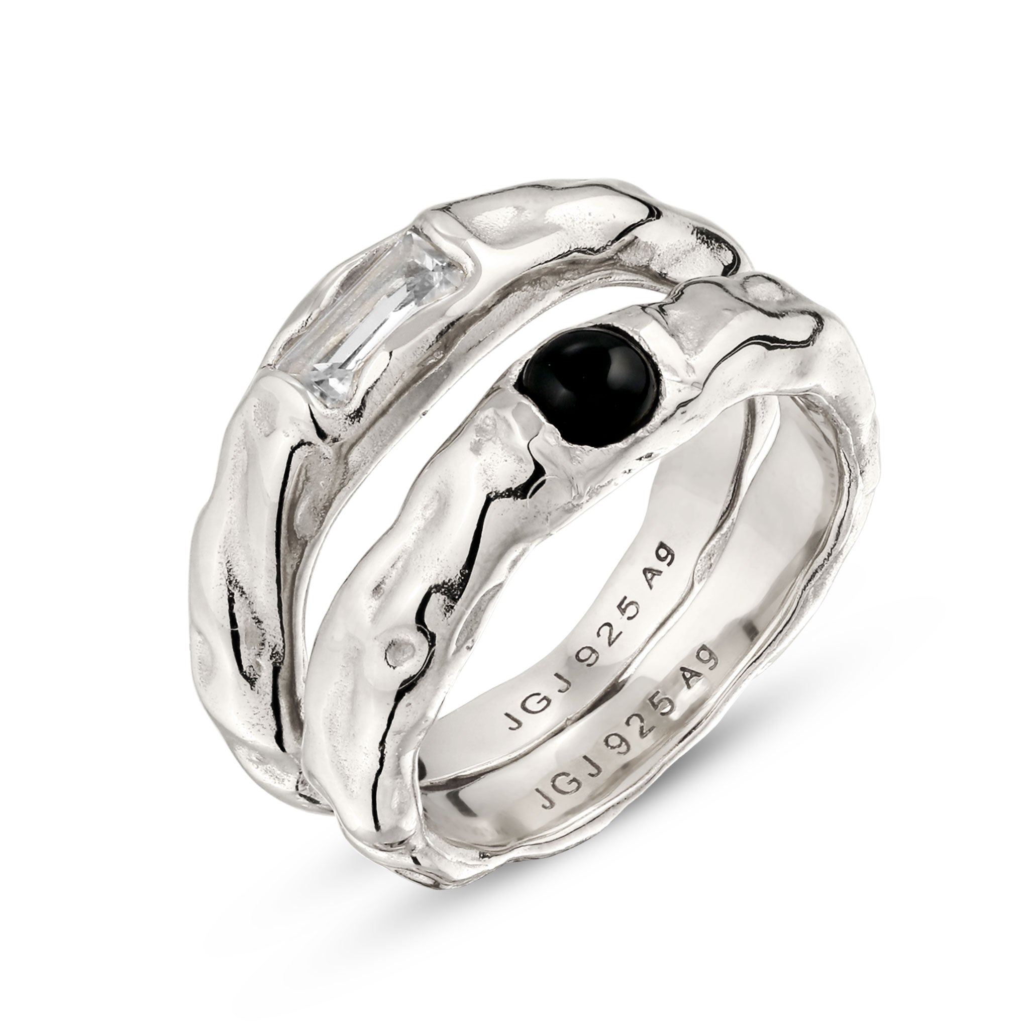 Silber - Elli | Ringset mit Steinen Rechteck | Onyx (Schwarz) & Topas (Weiß) | 925 Sterling Silber