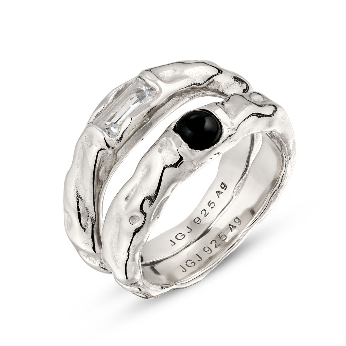 Silber - Elli | Ringset Melted | Onyx (Schwarz) & Topas (Weiß) | 925 Sterling Silber