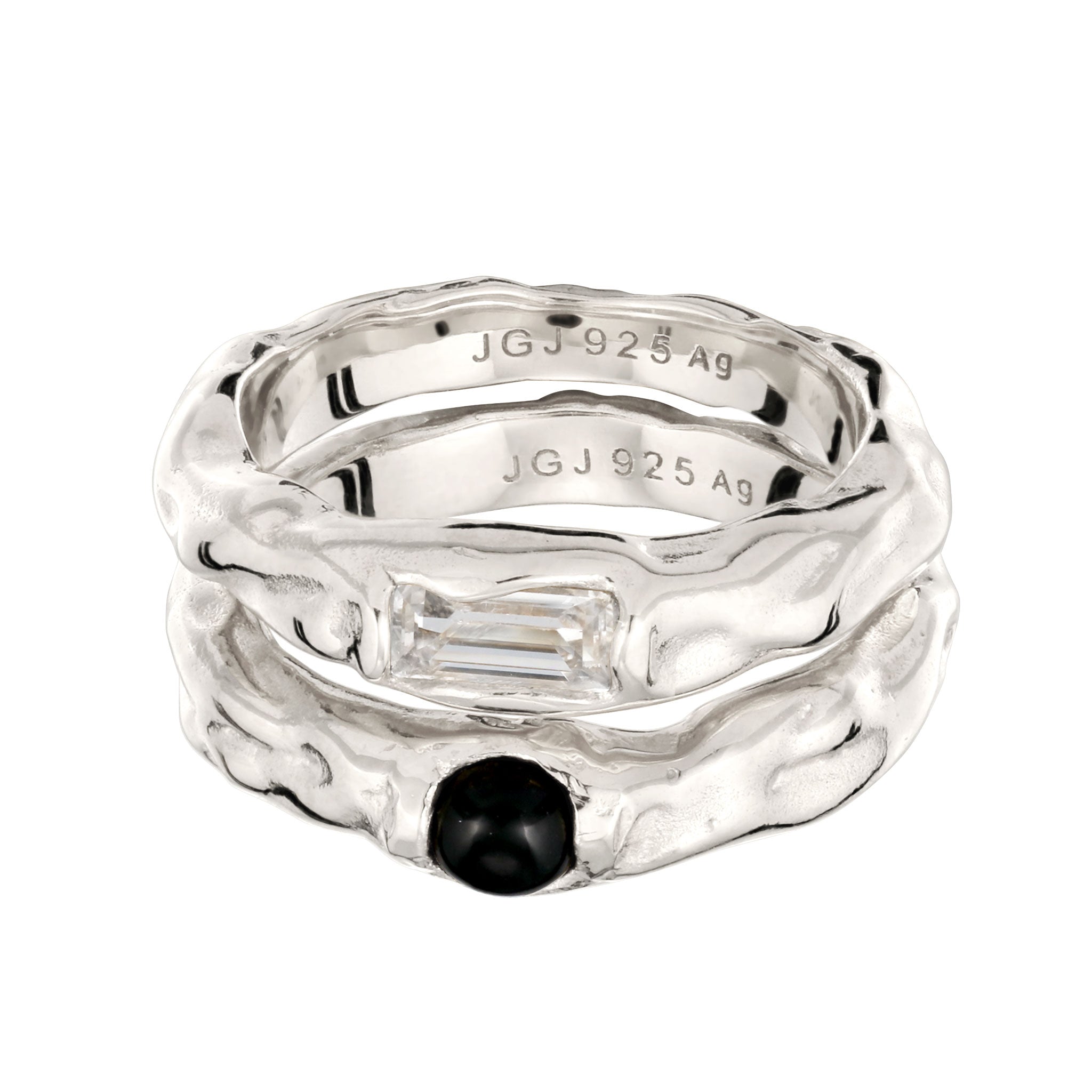 Silber - Elli | Ringset mit Steinen Rechteck | Onyx (Schwarz) & Topas (Weiß) | 925 Sterling Silber