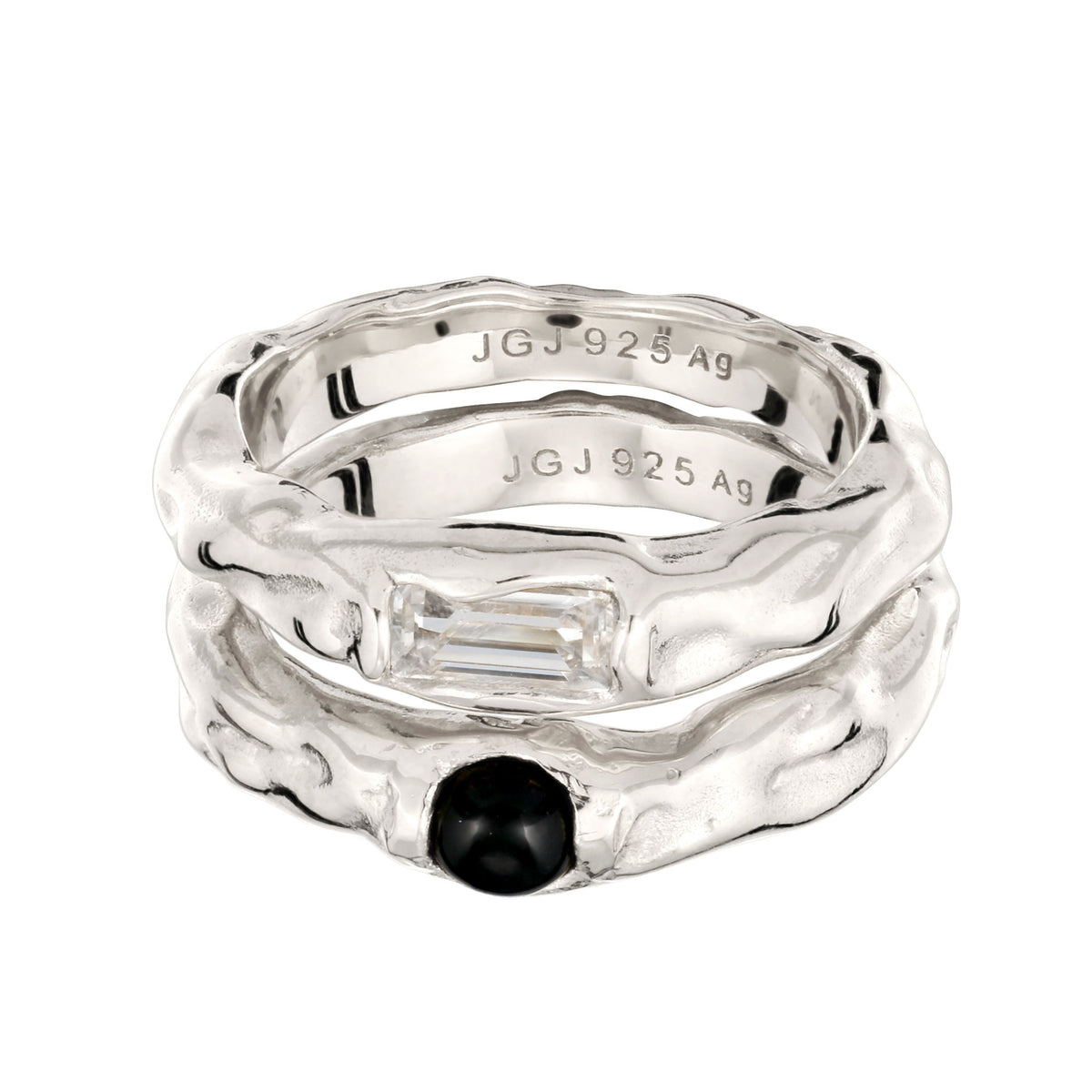 Silber - Elli | Ringset Melted | Onyx (Schwarz) & Topas (Weiß) | 925 Sterling Silber