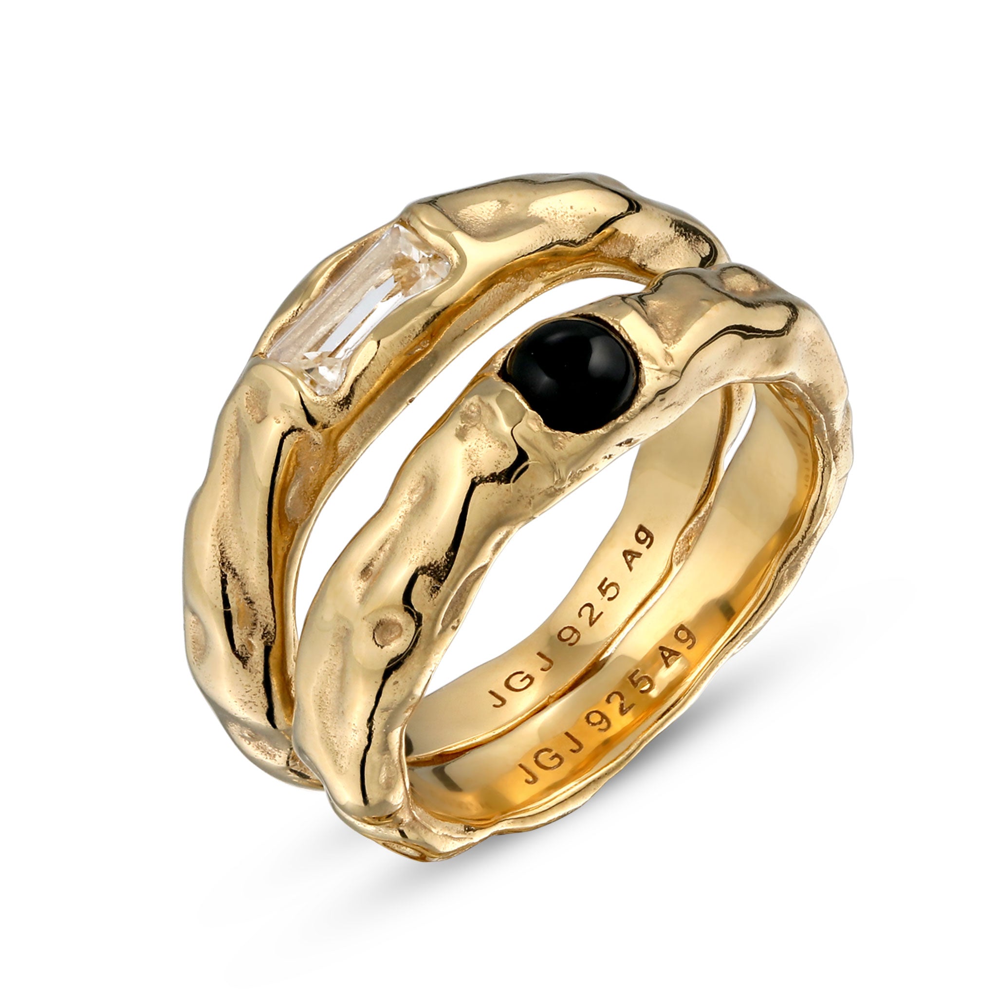 Gold - Elli | Ringset mit Steinen Rechteck | Onyx (Schwarz) & Topas (Weiß) | 925 Sterling Silber vergoldet