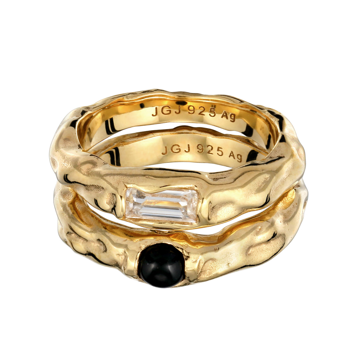 Gold - Elli | Ringset Melted | Onyx (Schwarz) & Topas (Weiß) | 925 Sterling Silber vergoldet