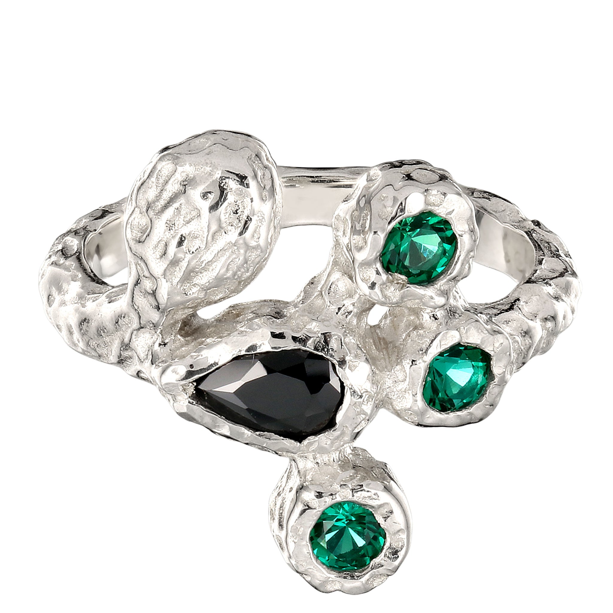 Silber - Elli | Ring | Synthetischer Smaragd & Zirkonia (Grün & Schwarz) | 925 Sterling Silber