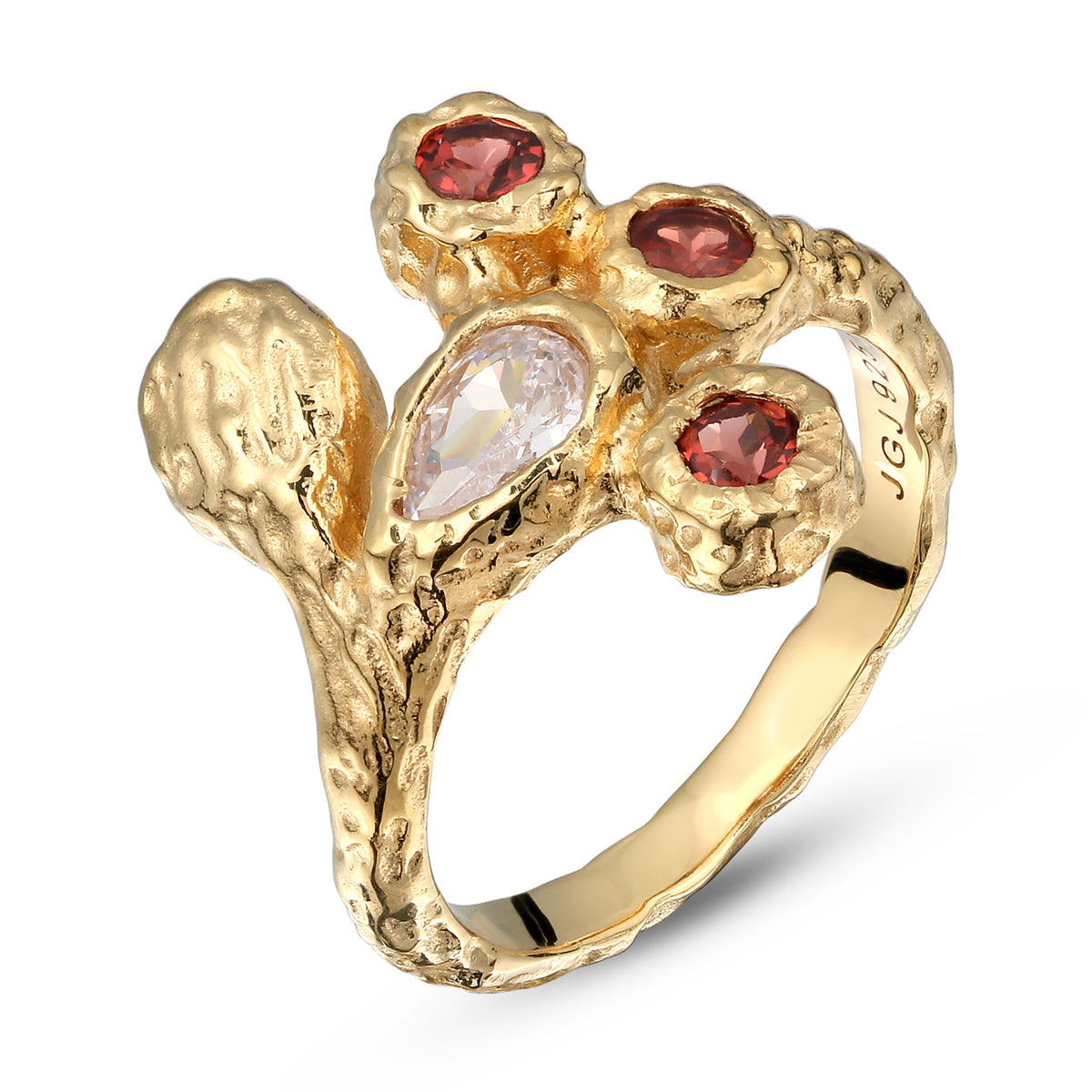 Gold - Elli | Ring mit Steinen | Granat & Zirkonia (Dunkelrot & Weiß) | 925 Sterling Silber vergoldet
