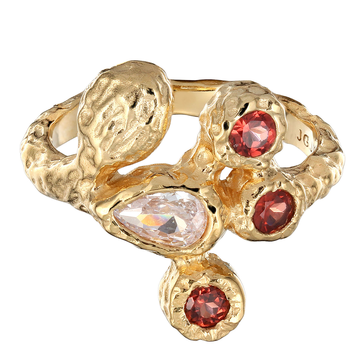Gold - Elli | Ring Carved Look | Granat & Zirkonia (Dunkelrot & Weiß) | 925 Sterling Silber vergoldet