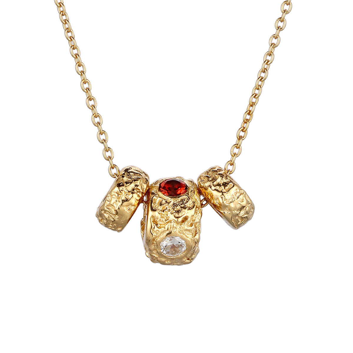 Gold - Elli | Halskette Triple Organic Beads | Granat & Zirkonia (Dunkelrot & Weiß) | 925 Sterling Silber vergoldet
