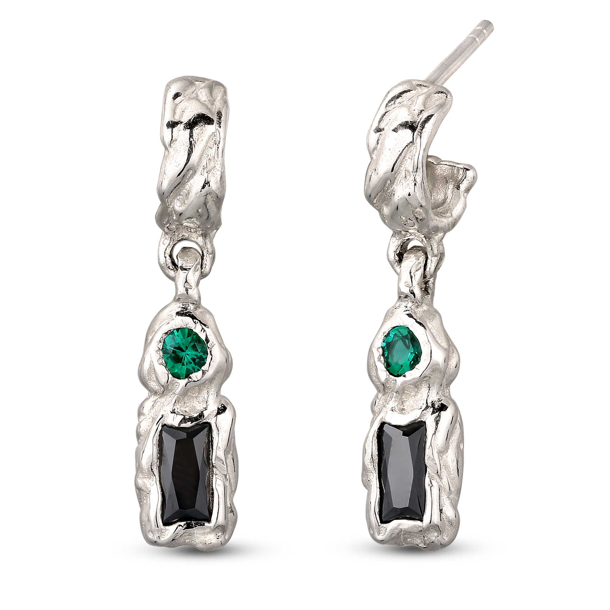 Silber - Elli | Ohrstecker Rechteck | Synthetischer Smaragd (Grün) & Zirkonia (Schwarz) | 925 Sterling Silber
