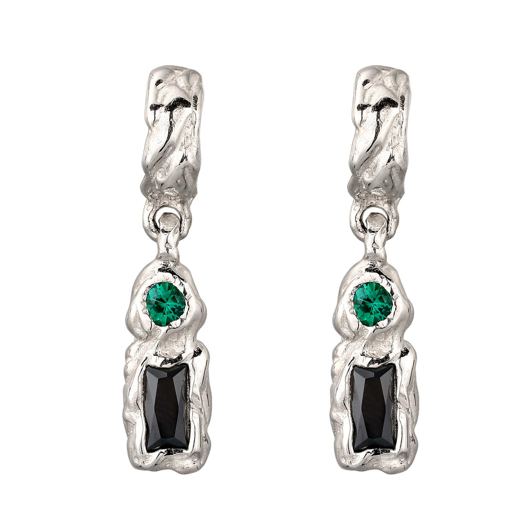 Silber - Elli | Ohrstecker Rechteck | Synthetischer Smaragd (Grün) & Zirkonia (Schwarz) | 925 Sterling Silber
