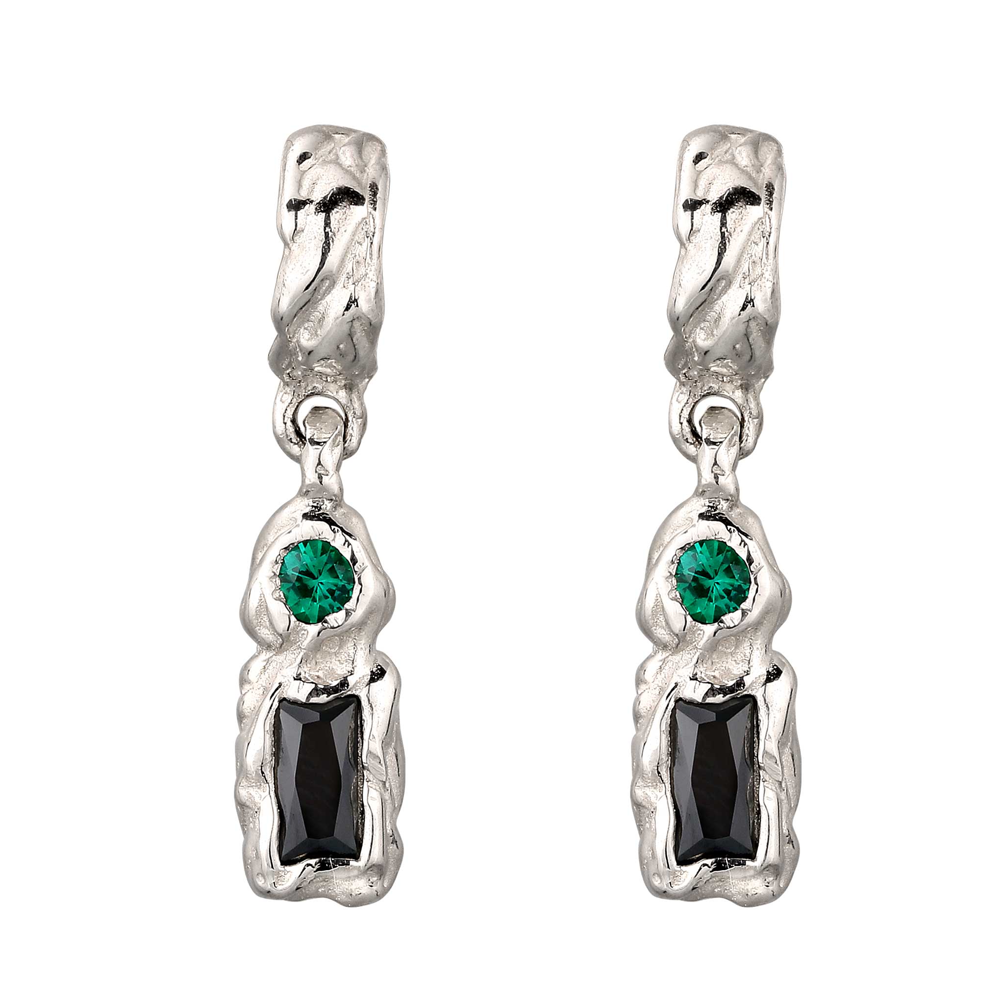 Silber - Elli | Ohrstecker Rechteck | Synthetischer Smaragd (Grün) & Zirkonia (Schwarz) | 925 Sterling Silber