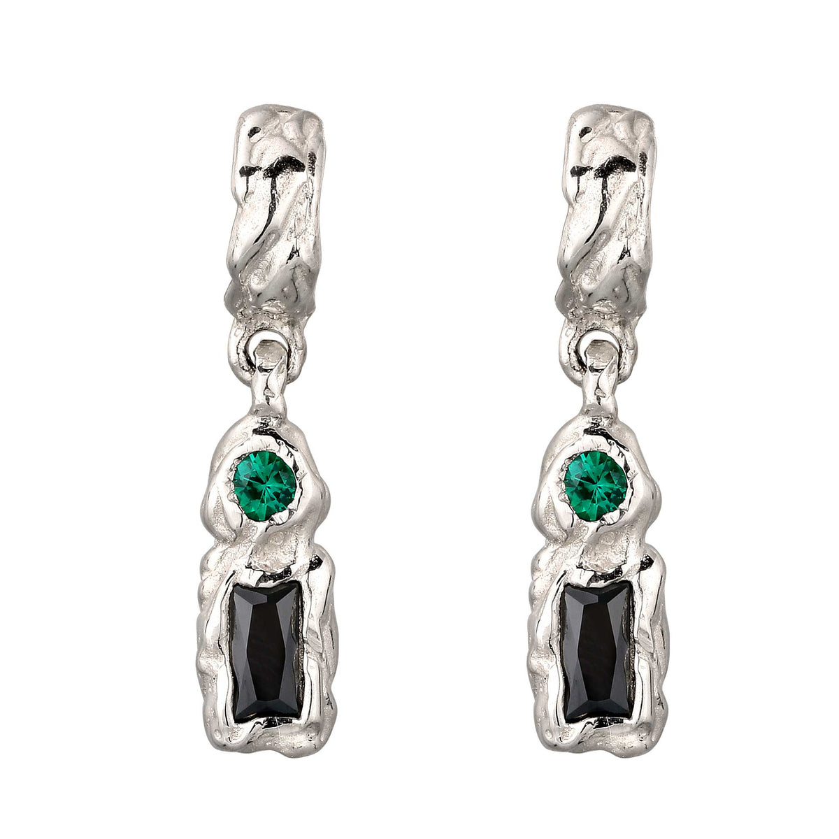 Silber - Elli | Ohrstecker Rechteck | Synthetischer Smaragd (Grün) & Zirkonia (Schwarz) | 925 Sterling Silber