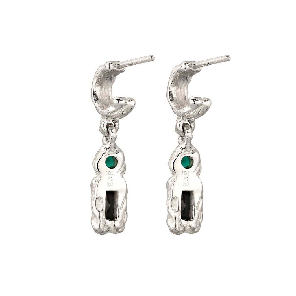 Silber - Elli | Ohrstecker Rechteck | Synthetischer Smaragd (Grün) & Zirkonia (Schwarz) | 925 Sterling Silber