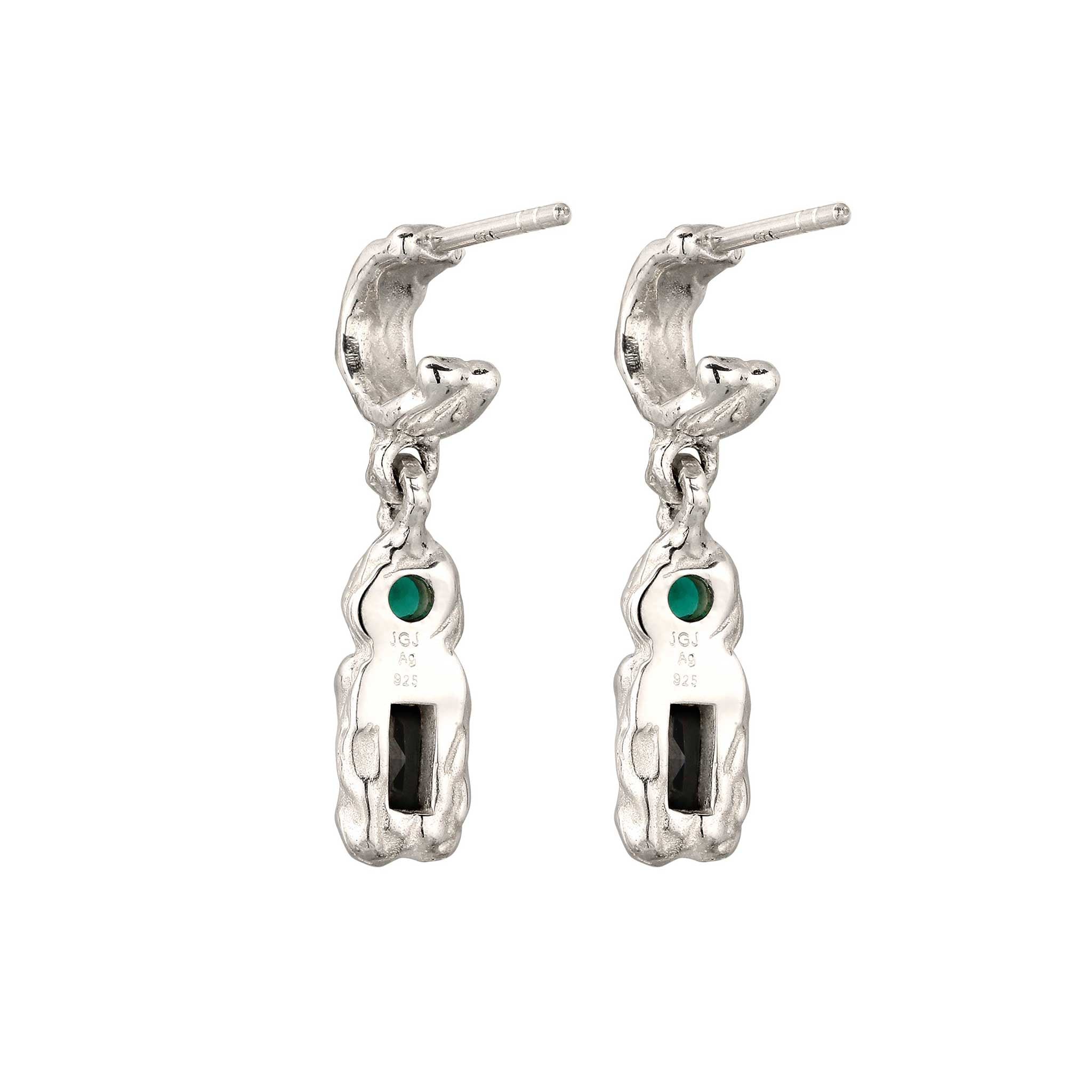 Silber - Elli | Ohrstecker Rechteck | Synthetischer Smaragd (Grün) & Zirkonia (Schwarz) | 925 Sterling Silber