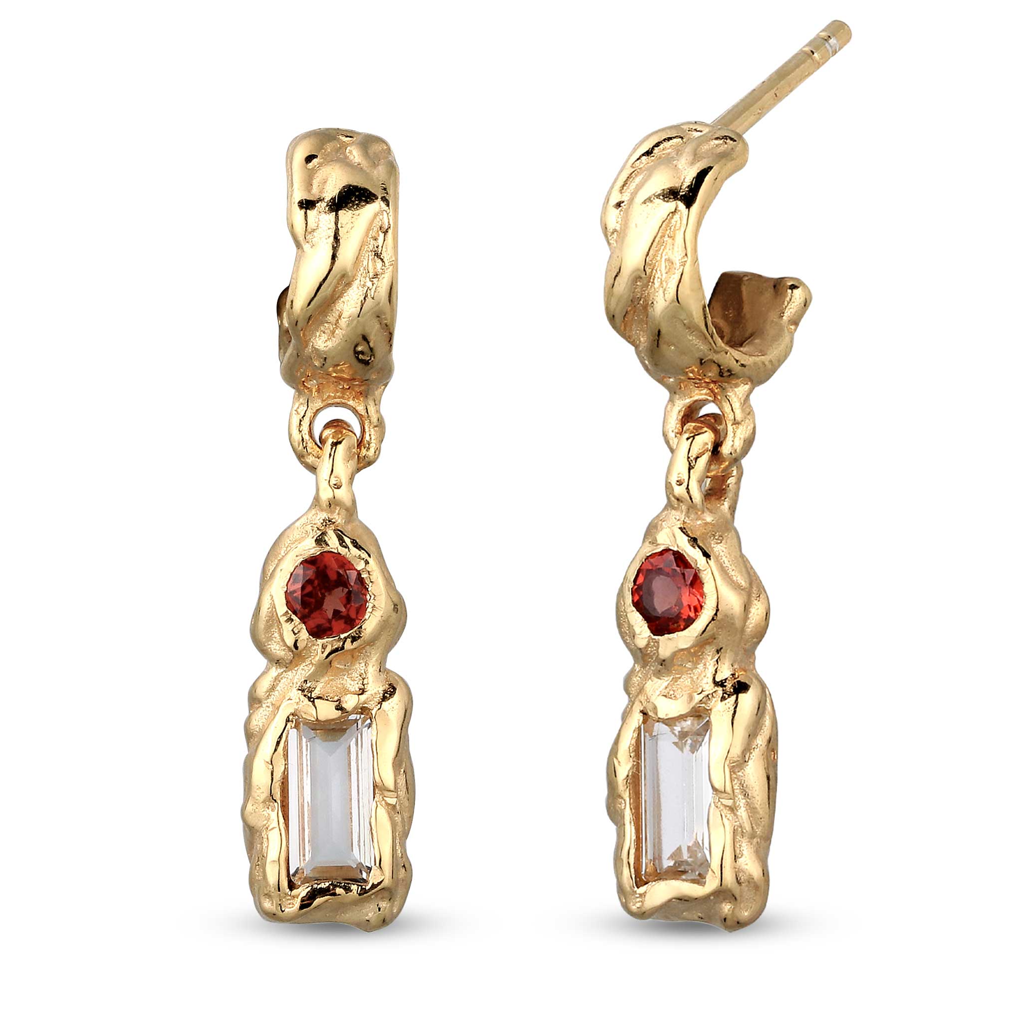 Gold - Elli | Ohrstecker Rechteck | Topas & Granat (Weiß & Dunkelrot) | 925 Sterling Silber vergoldet