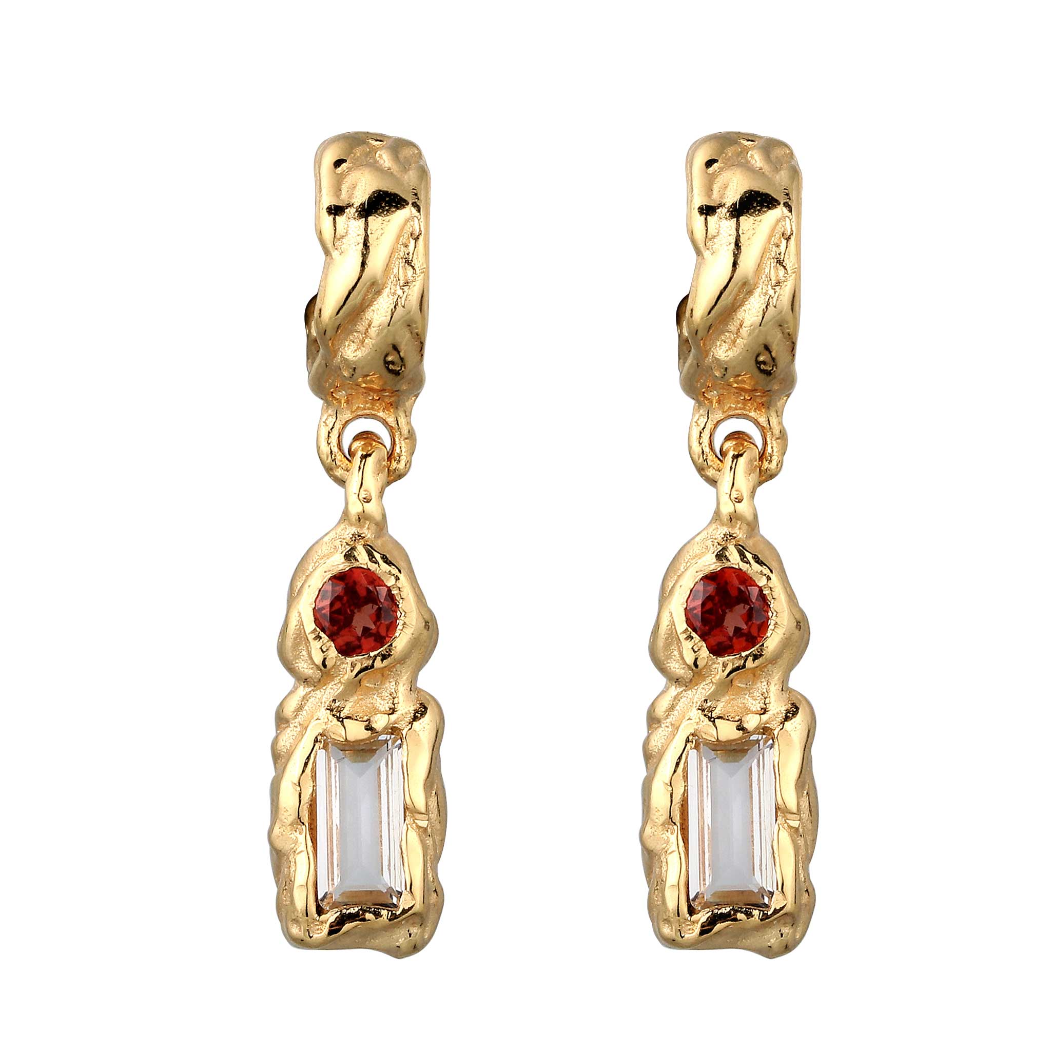 Gold - Elli | Ohrstecker Rechteck | Topas & Granat (Weiß & Dunkelrot) | 925 Sterling Silber vergoldet
