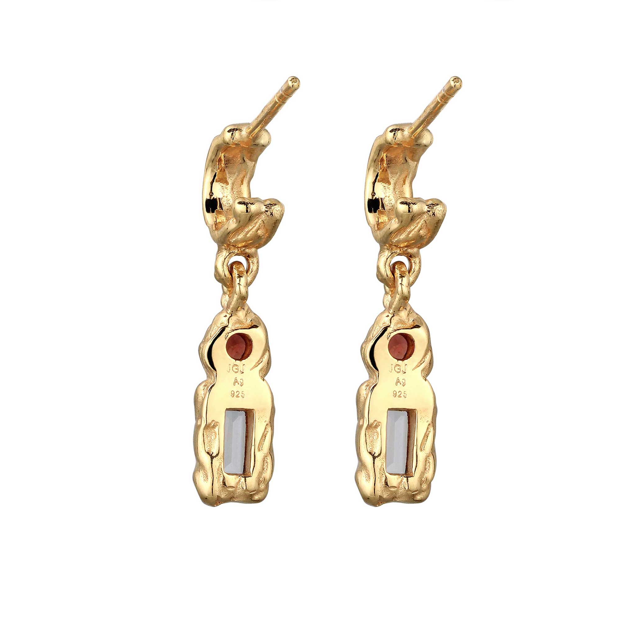 Gold - Elli | Ohrstecker Rechteck | Topas & Granat (Weiß & Dunkelrot) | 925 Sterling Silber vergoldet
